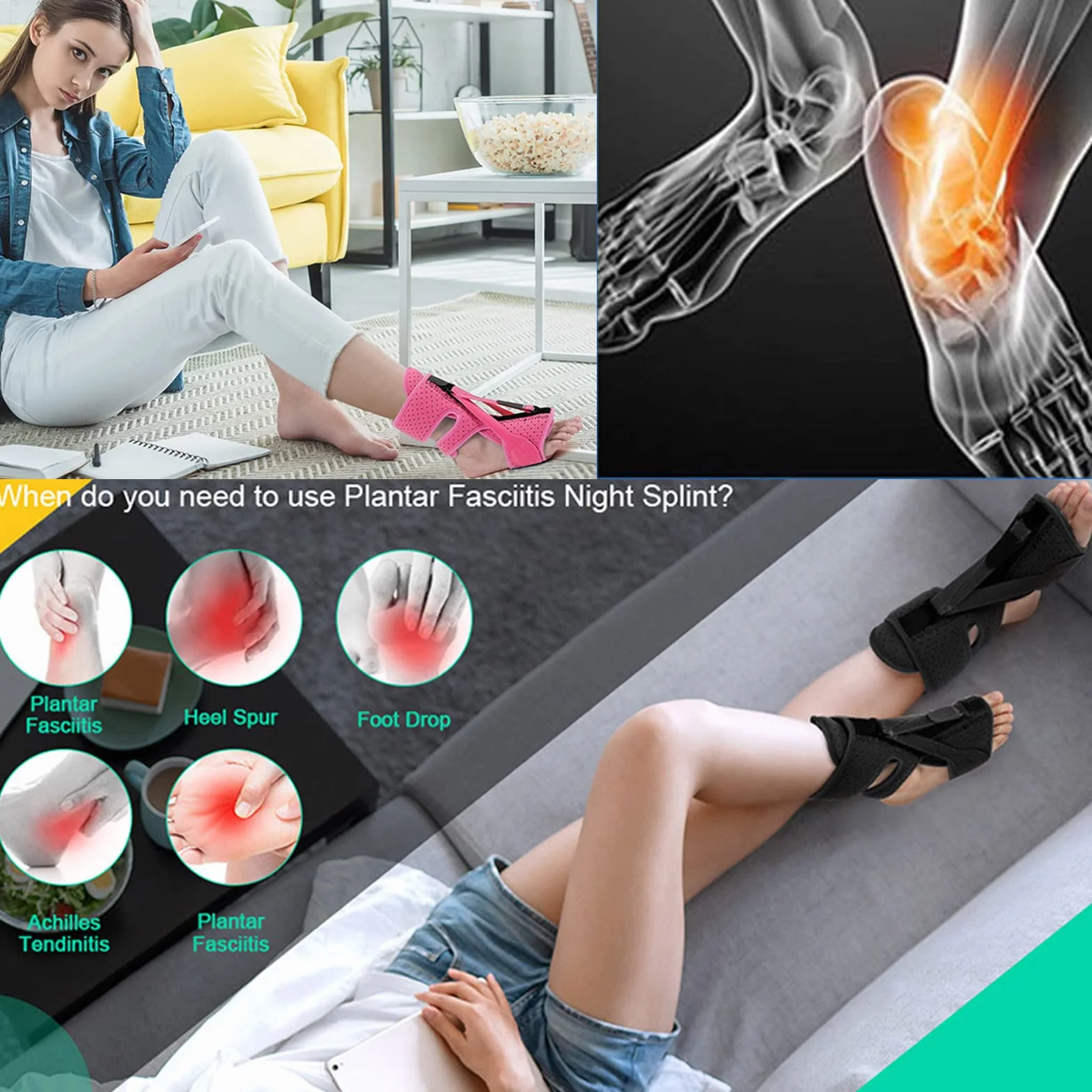 Plantarfasciitis szyna nocna z 3 regulowanymi paskami szara