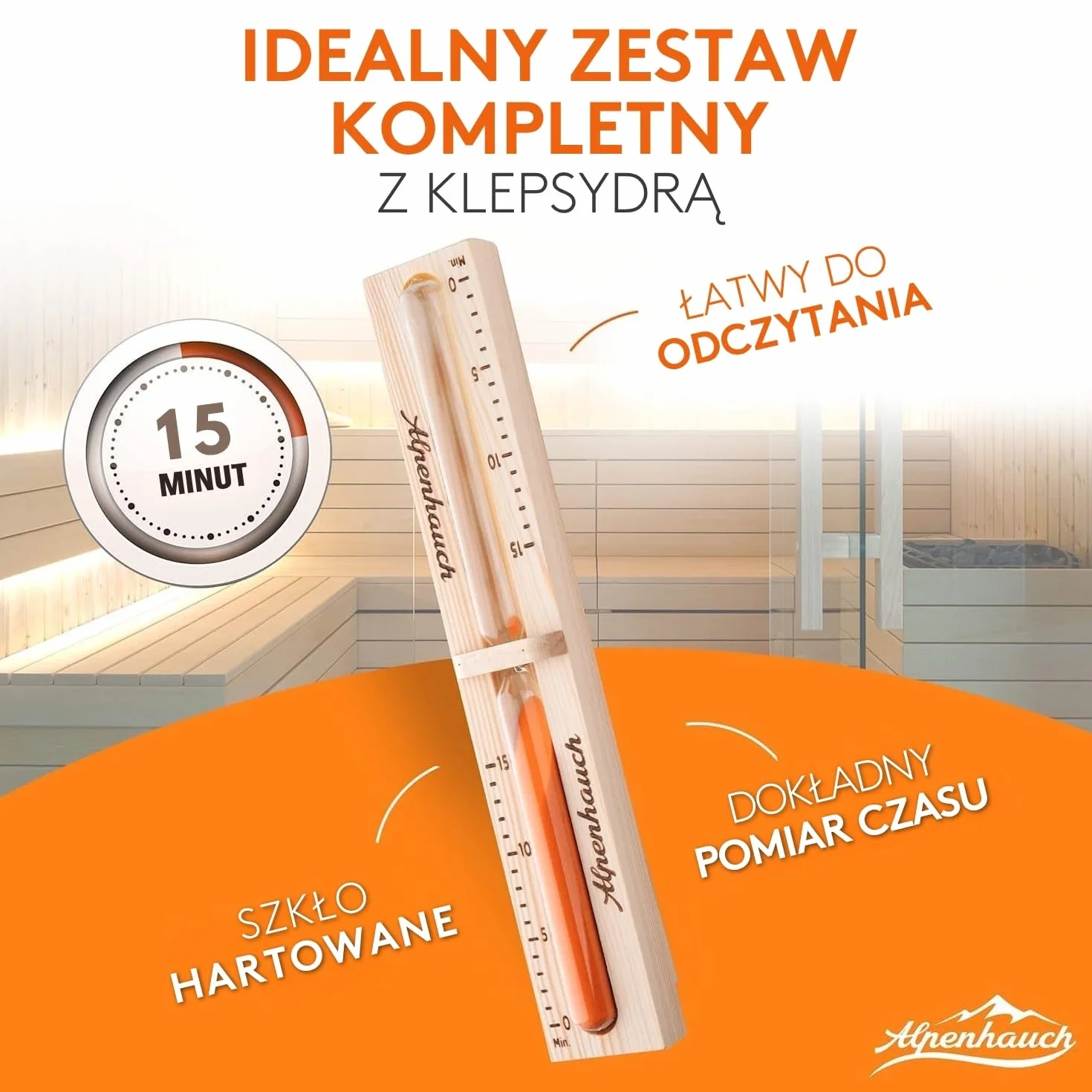 ALPENHAUCH Wiadro do sauny z chochlą [100% naturalne drewno] – eleganckie wiadro do sauny z klepsydrą i termometrem – trwałe akcesoria do sauny – zestaw wiader do nalewania z chochlą, klepsydrą i