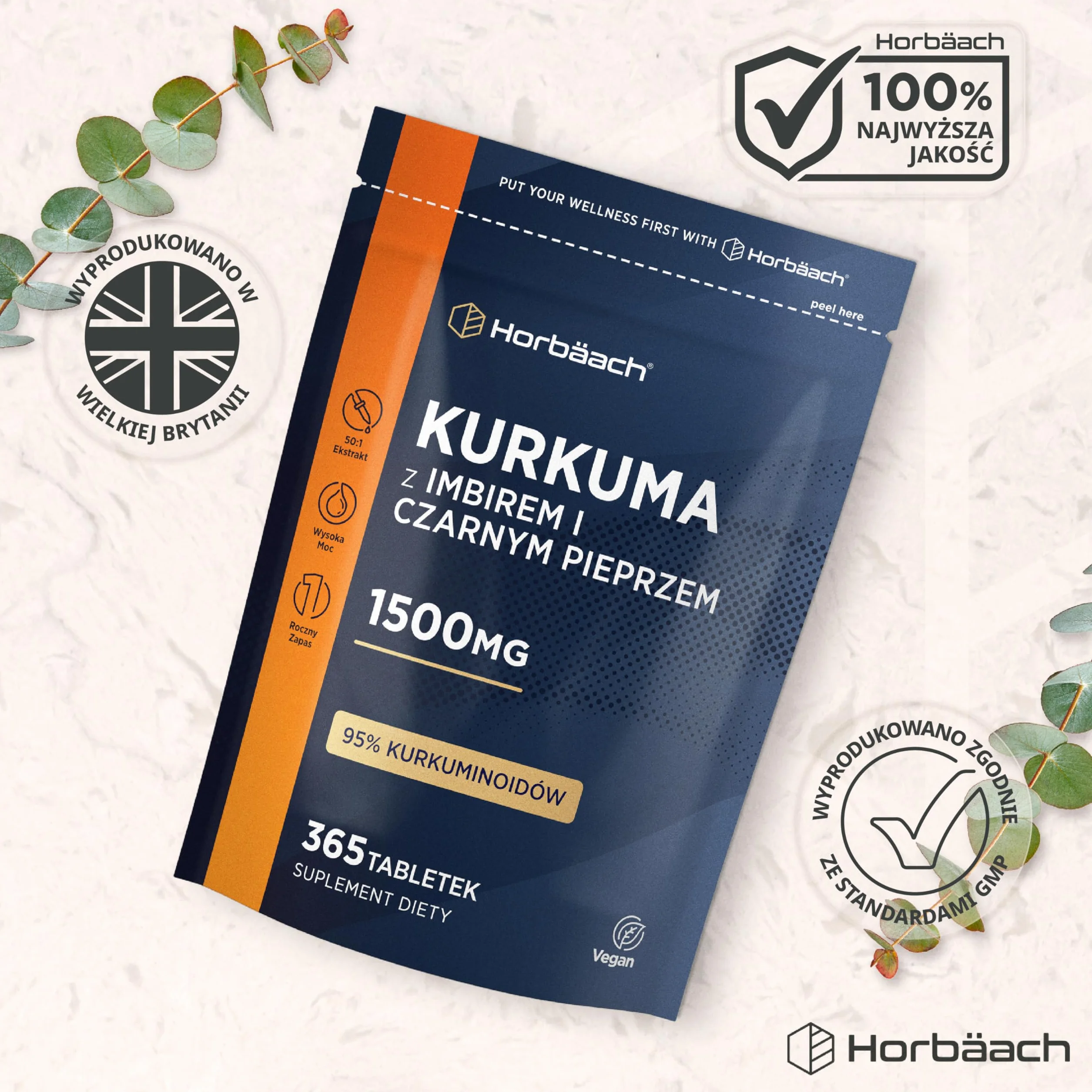 Kurkuma Tabletki 1500mg z Czarnym Pieprzem i Imbirem | 95% Kurkuminoidów | Roczny zapas | Wysoka zawartość aktywnego ekstraktu kurkuminy | 365 Wegańskich Tabletek | marki Horbaach