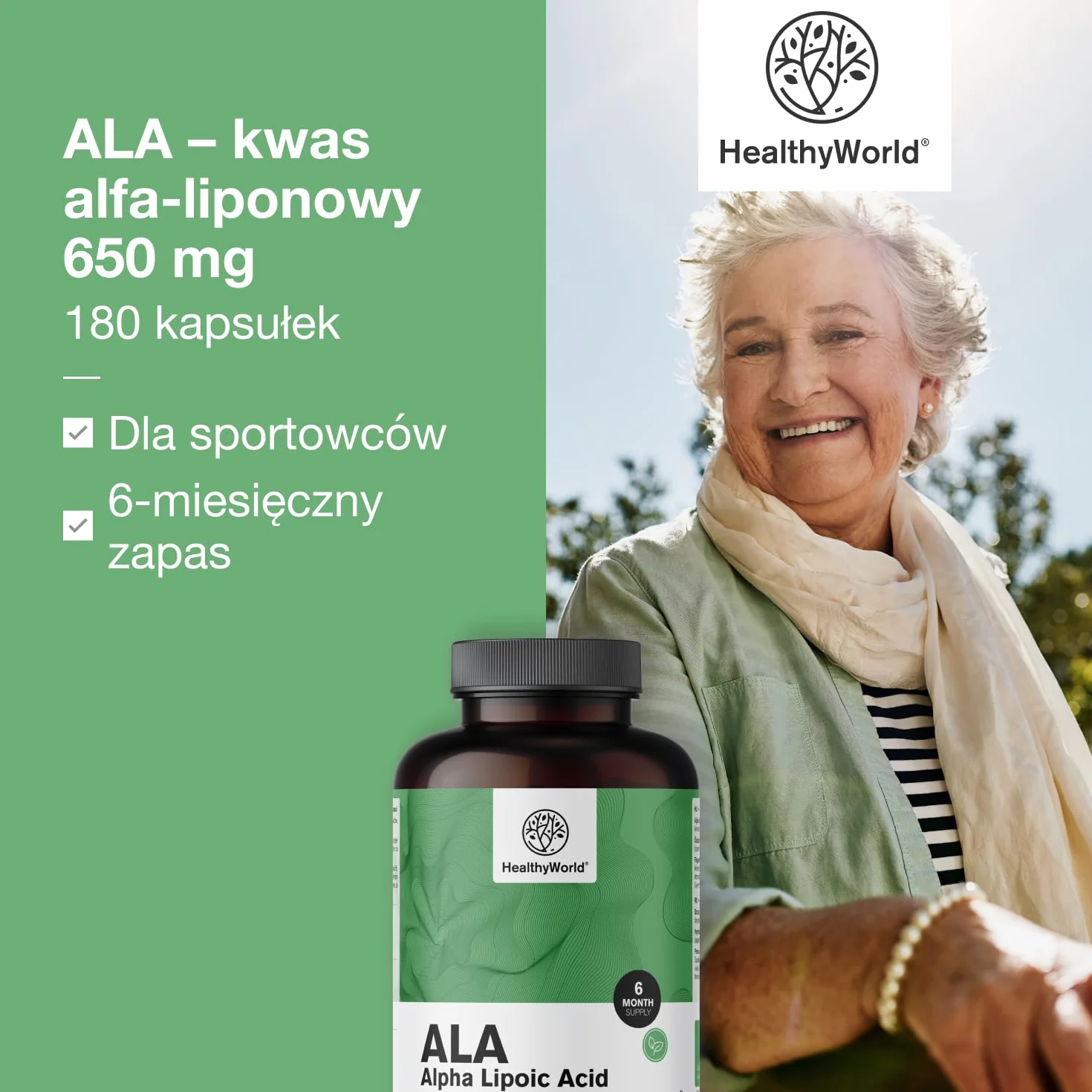 HealthyWorld ALA – Kwas Alfa-Liponowy – 650 mg w Dziennej Porcji – 180 Kapsułek Roślinnych – Zwiększenie Energii – 6-Miesięczny Zapas – Świetna Przyswajalność