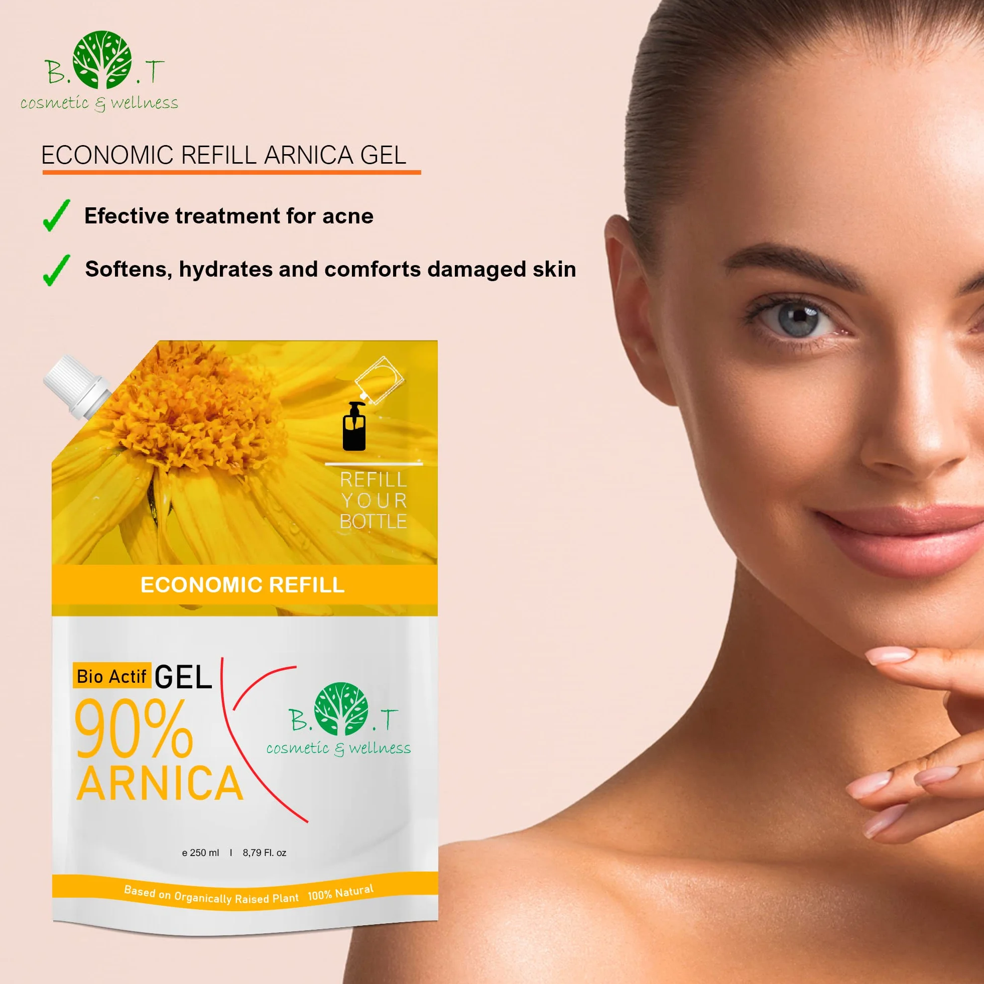 B.O.T cosmetic & wellness - 100% Naturalny Żel z Arniki, Ekstrakt Bezpośrednio z Kwiatu | Intensywny Żel Sportowy | Relaksacyjny Żel do Masażu | 250ml Bez Tłustych Pozostałości