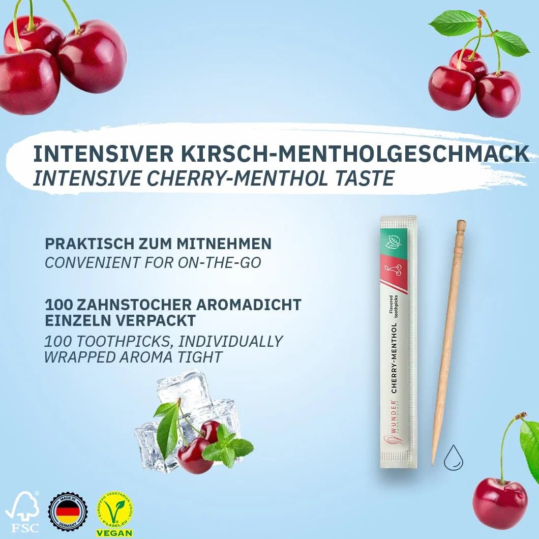 Wunder Wykałaczki o aromacie 100x indywidualnie zapakowane 7 smakach Wiśnia Mentol