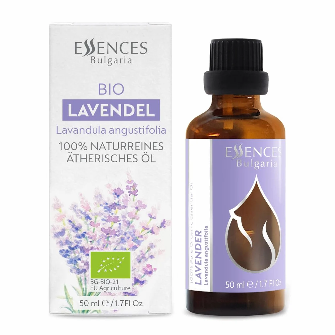 Essences Bułgaria Organiczny Olejek Eteryczny z Lawendy 50ml Lavandula angustifolia | 100% Czysty i Naturalny | Nierozcieńczony | Klasa terapeutyczna | Gospodarstwo rodzinne | Destylowany z parą wodną
