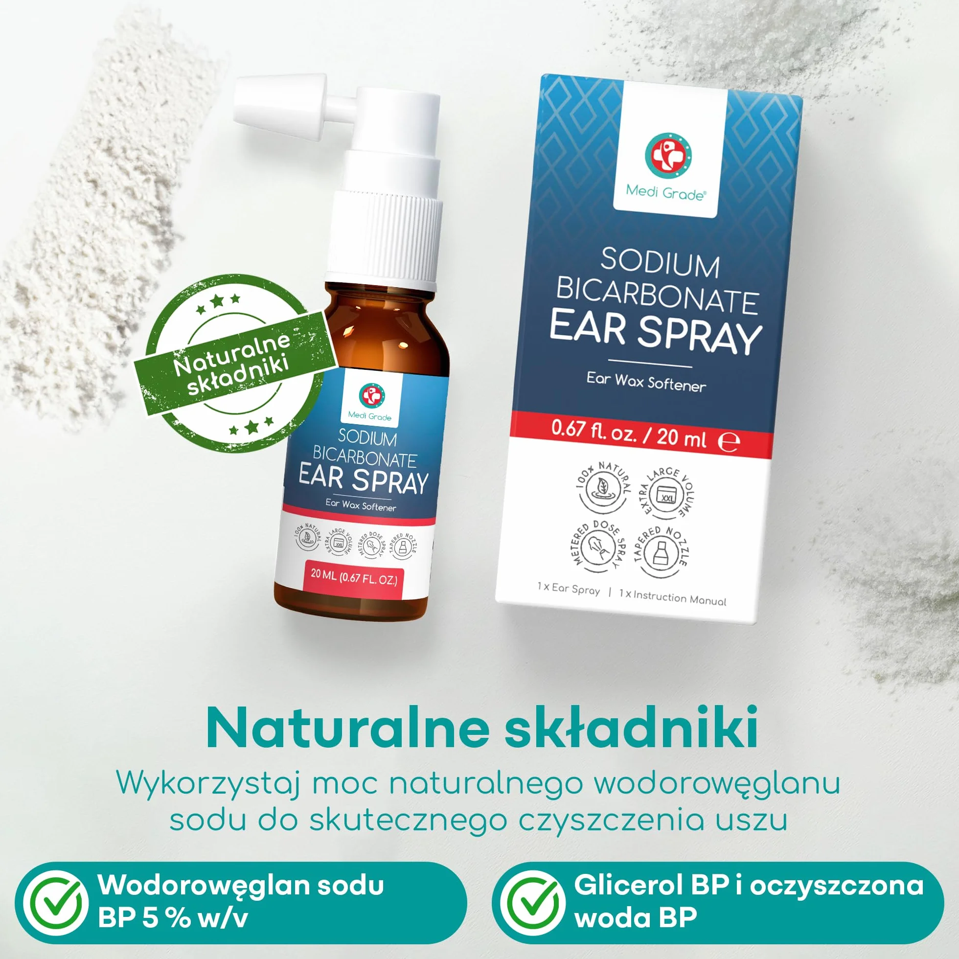 Medi Grade Preparat do Czyszczenia Uszu – Naturalny Płyn do Czyszczenia Uszu z Wodorowęglanem Sodu na Zatkane Uszy i Usuwanie Woskowiny – Butelka 20ml z Ponad 50 Rozpyleniami dla Łatwej Aplikacji