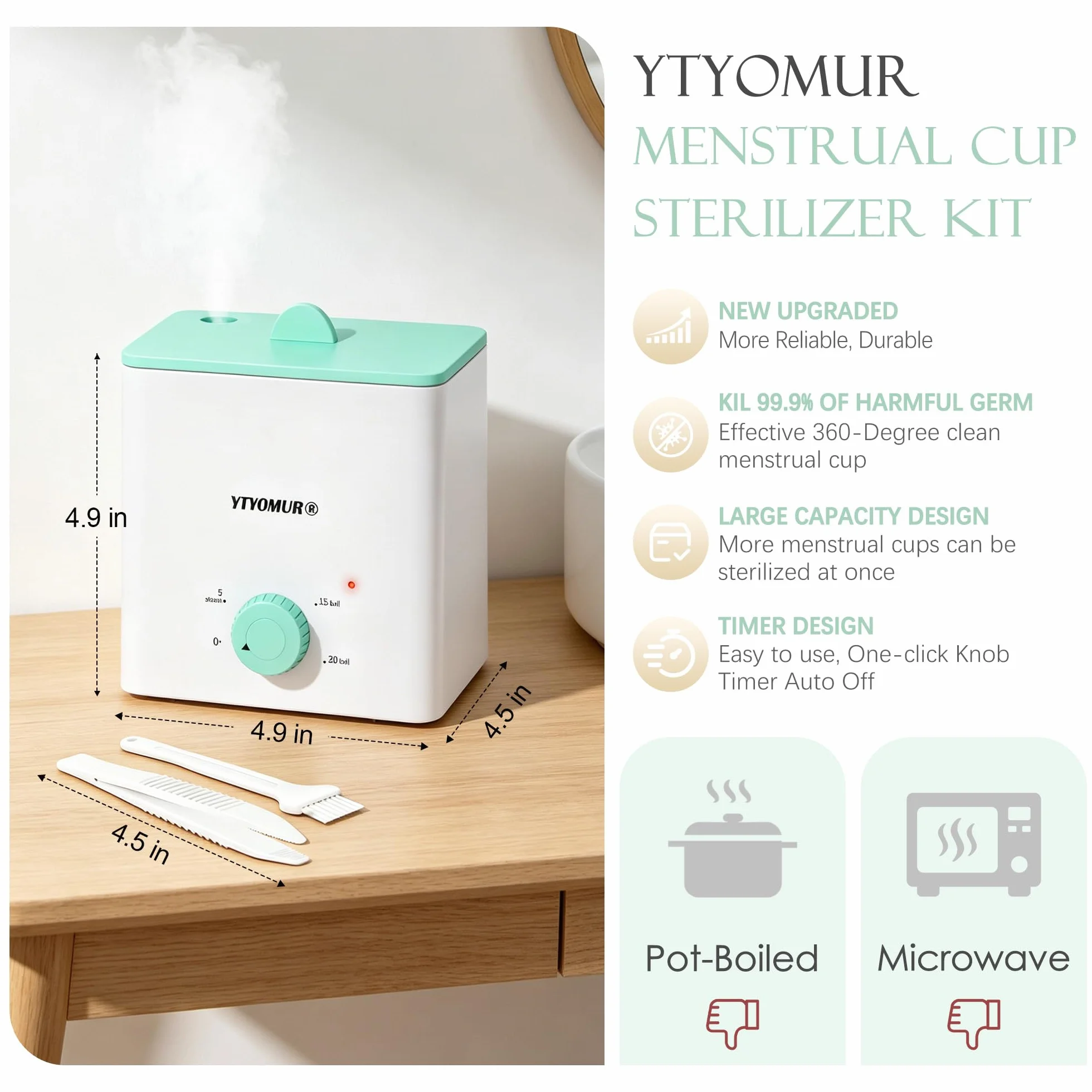 Sterylizator do gotowania na parze z 2 kubkami wielokrotnego użytku, zestaw do czyszczenia kubków menstruacyjnych, automatyczne wyłączanie, sterylizacja parą w wysokiej temperaturze, higiena kobieca