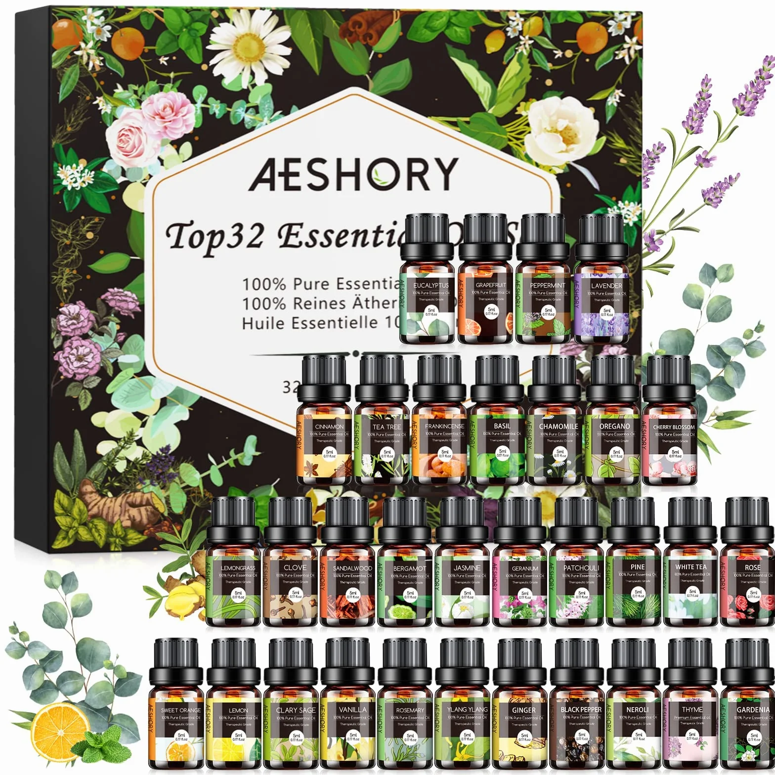Aeshory Zestaw Olejków Eterycznych 32 X 5ml, 100% Czysty Naturalny Olejek Aromaterapeutyczny Do Dyfuzora, Nawilżacza Powietrza, Domowego Zapachu, Czyszczenia, Wyrobu Świec, Mydła, Relaksu, Masażu