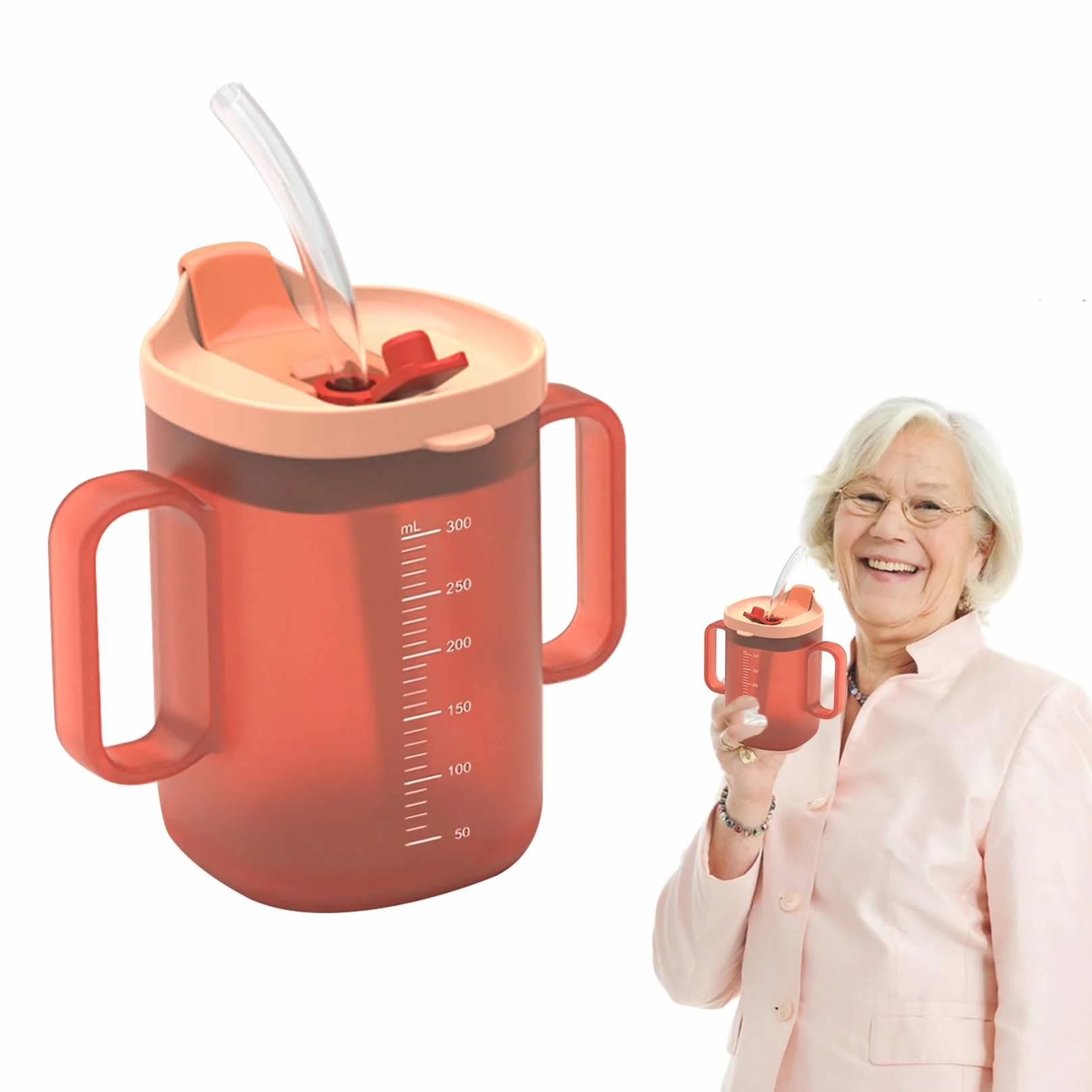 300ml Kubek Niekapek Dla Seniorów z Uchwytem Kubek Niekapką Pokrywka Słomka Dla Dorosłych Starszych Pacjentów Niepełnosprawnych Zastosowanie （CS）