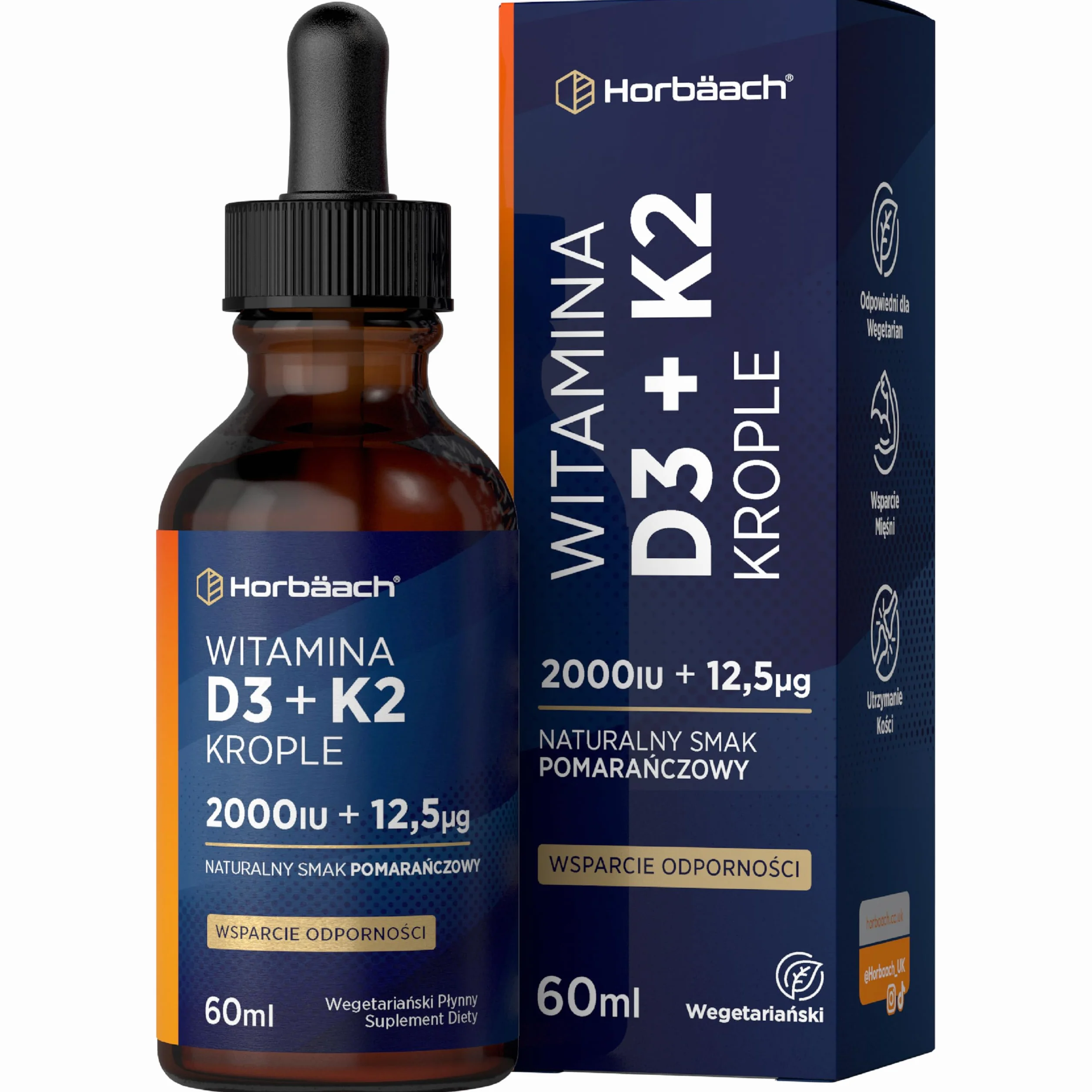 Witamina D3 + K2 w Kroplach | Wysokiej Mocy 2000 j.m. Witamina D3 + Witamina K2 MK-7 | Smak Pomarańczowy | Odpowiedni Dla Wegetarian | marki Horbaach