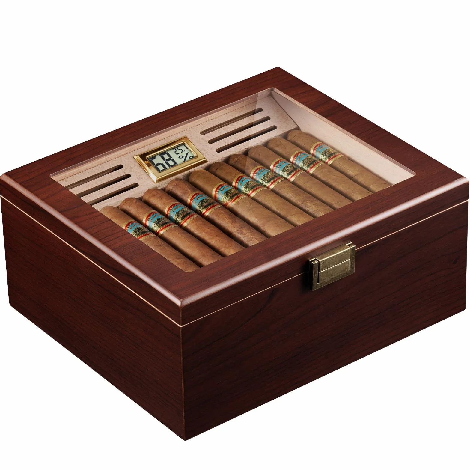 ProCase Humidor do cygar z drewna cedrowego, cyfrowy higrometr, szklany blat, duży, brązowy