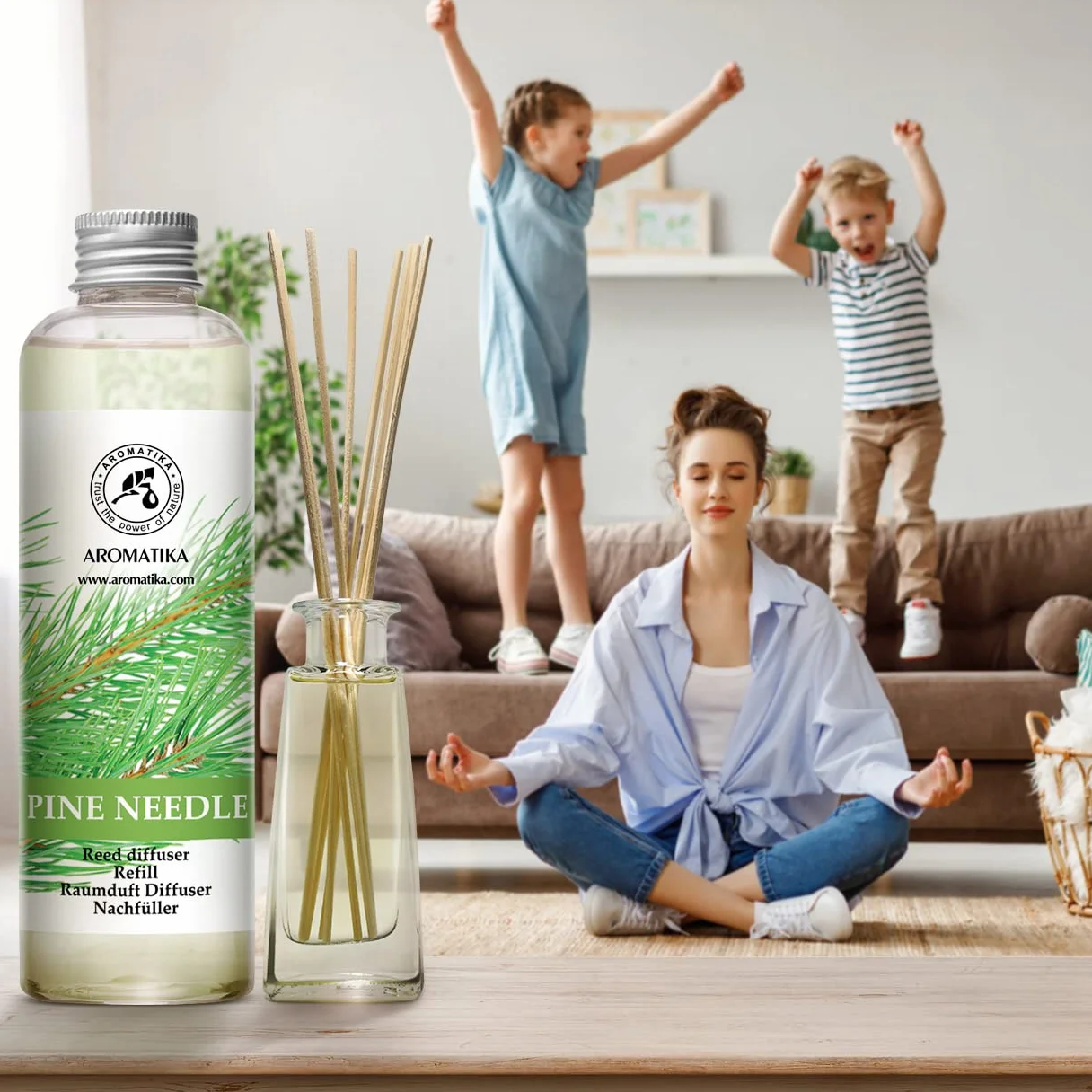 AROMATIKA Wkład do Dyfuzora Trzcinowego Sosna 200 ml Świeży i Długotrwały Zapach Dyfuzor Zapachowy z Patyczkami Olejek z Igieł Sosny Aromaterapia Dom Biuro Odświeżacz Powietrza