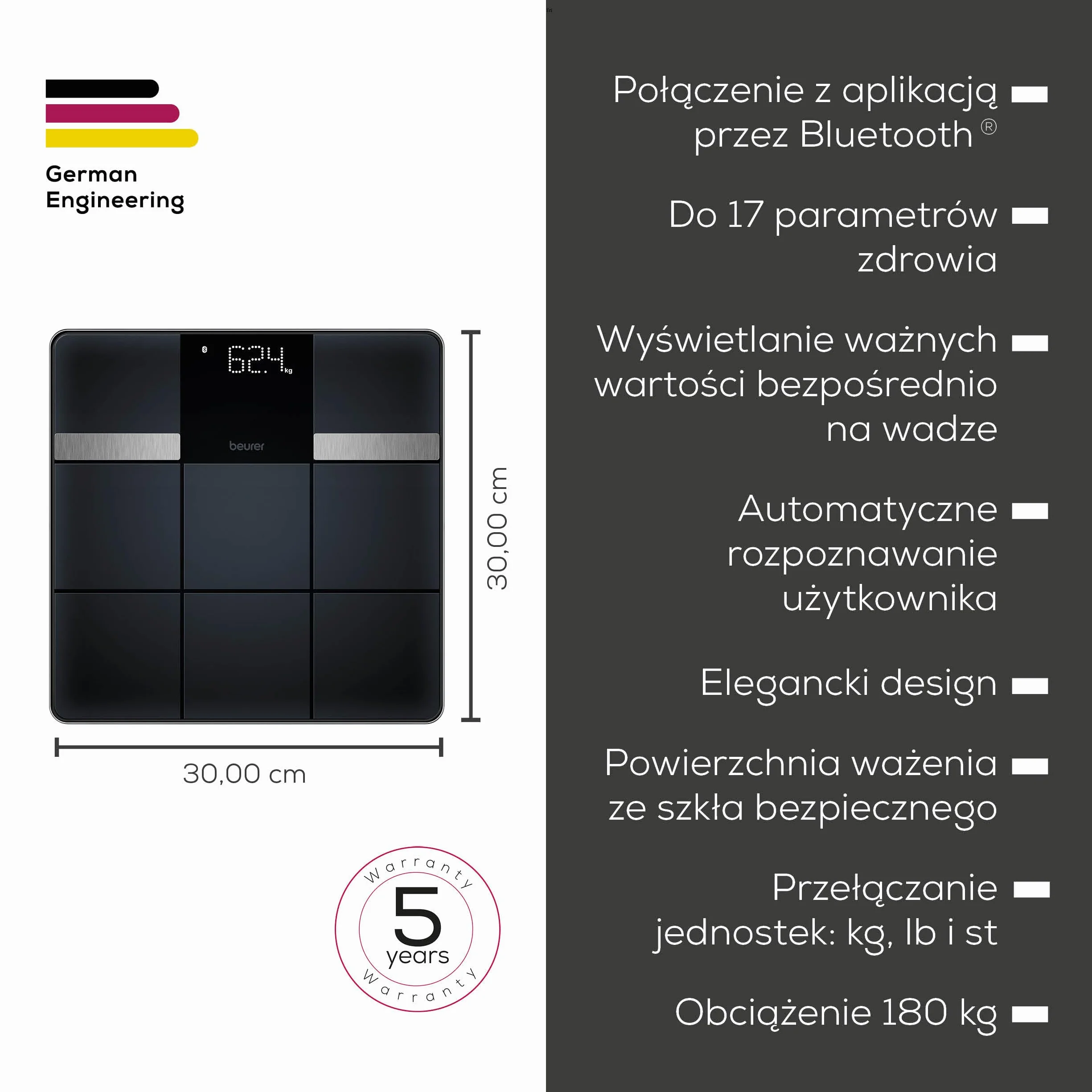 Beurer BF 450 waga osobowa z łącznością z aplikacją, cyfrowa waga do pomiaru tkanki tłuszczowej z 17 wartościami pomiarowymi, matowa struktura płytek, 8 pamięci użytkowników, 180 kg