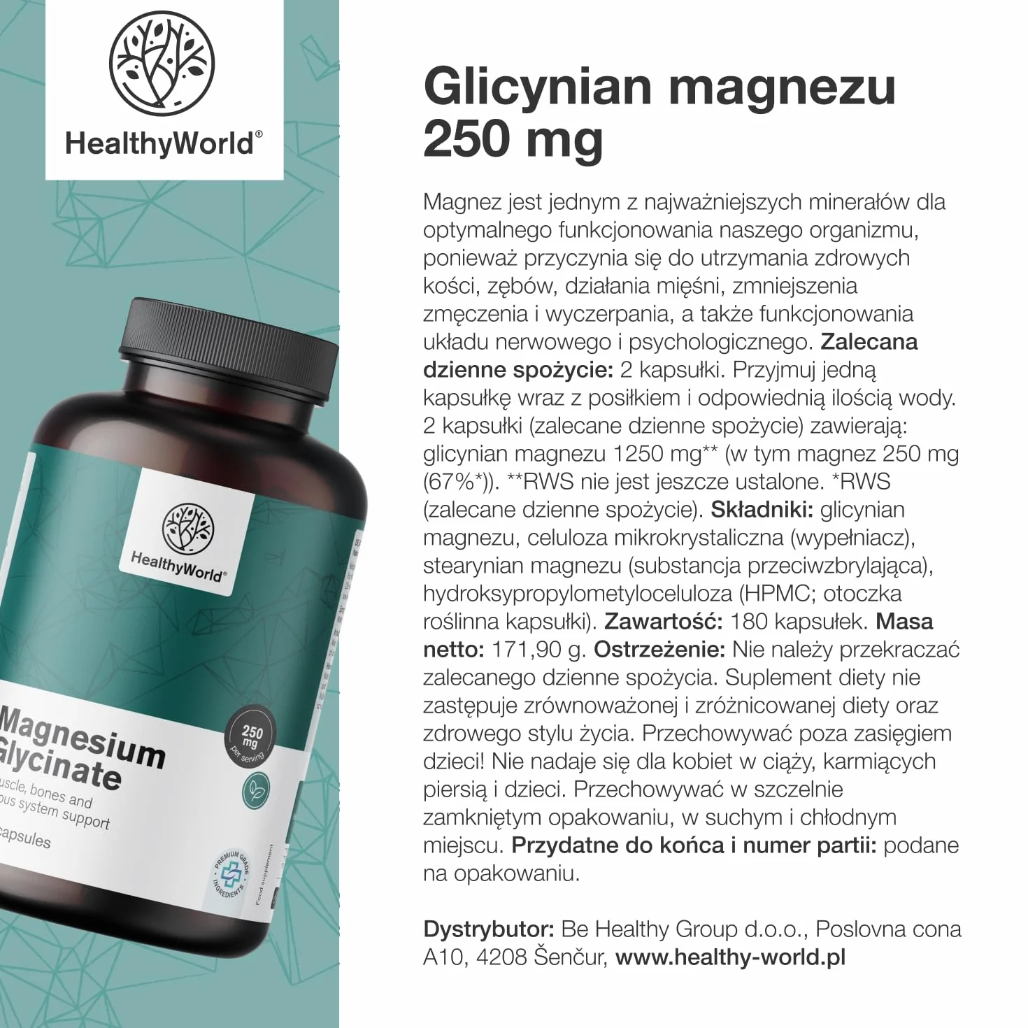 HealthyWorld Glicynian magnezu 250 mg 180 kapsułek roślinnych 125 mg magnezu na kapsułkę