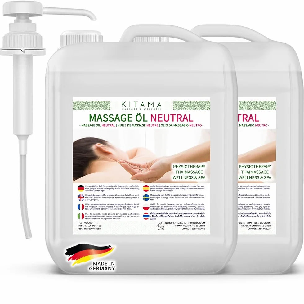 Kitama Olej do masażu neutralny i miękki, 20 litrów (2 x 10 l) + pompa kanistra DIN 45