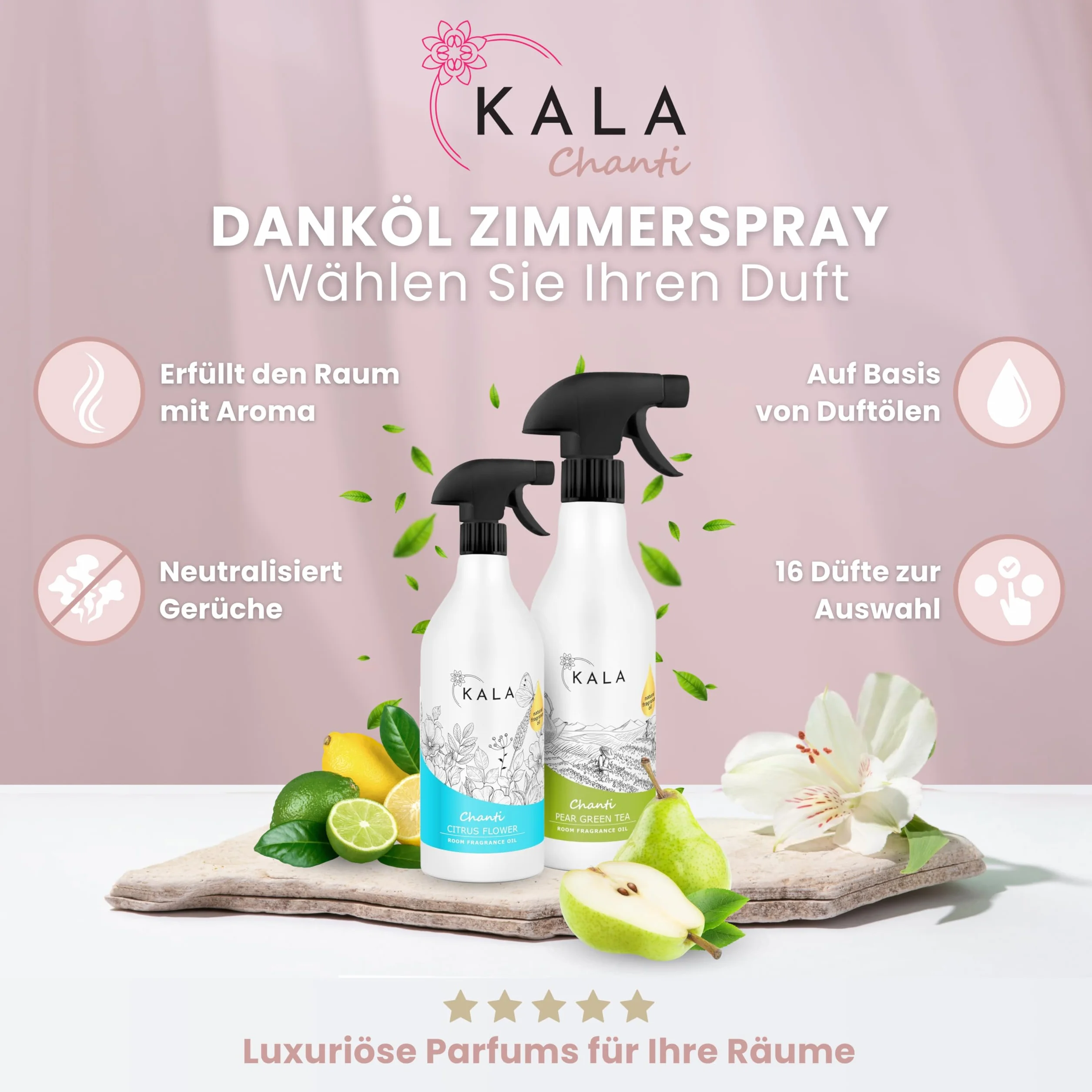 KALA - Odświeżacz Powietrza Spray Zapachowy CHANTI, Spray do Pomieszczeń z Neutralizacją Zapachów, Spray Zapachowy do Pomieszczeń Trzymający do 48h - Lily of May, 250ml
