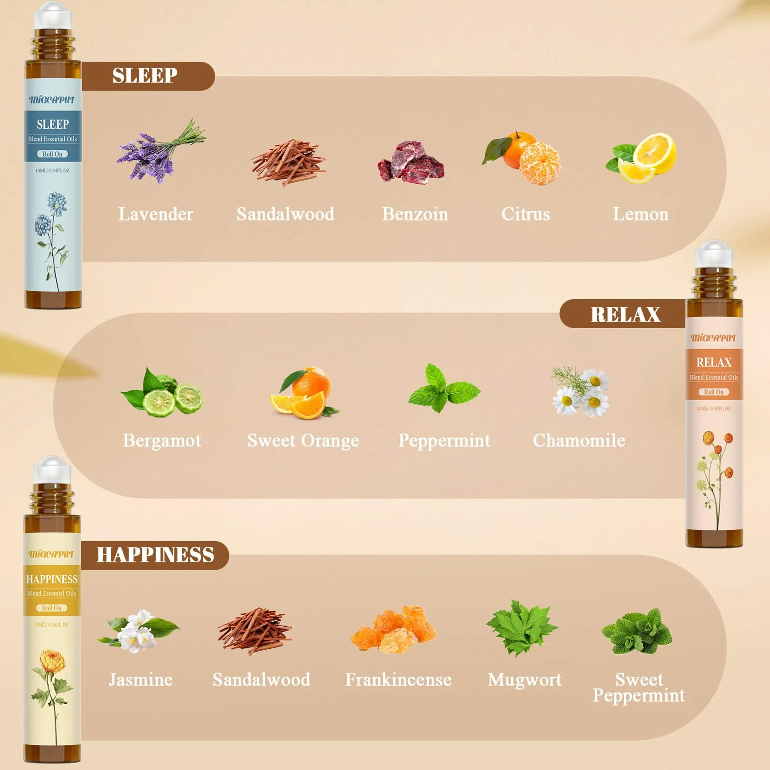 Zestaw Olejków Eterycznych w Kulce 6 x 10ML, Naturalny Perfumowany Olejek do Stosowania Na Skórę, Relaksujący, Ułatwiający Zasypianie