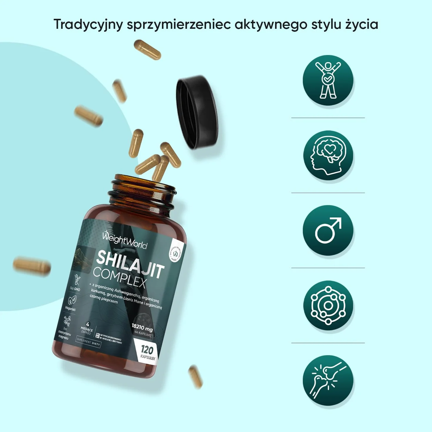 Shilajit Complex 18210 mg 120 Kapsułek Ashwagandha Soplówka Jeżowata Kurkuma 16000 mg Proszek Wegański Bez GMO