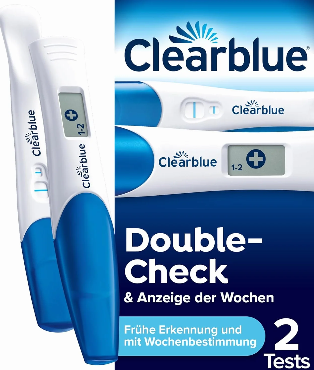 Clearblue Zestaw testów ciążowych Double-Check Wczesny i tydzień, 2 testy (1 cyfrowy 25 mIU/ml, 1 wizualnie 10 mIU/ml), test ciążowy/test wczesnej ciąży, oznaczenie tygodnia ciąży