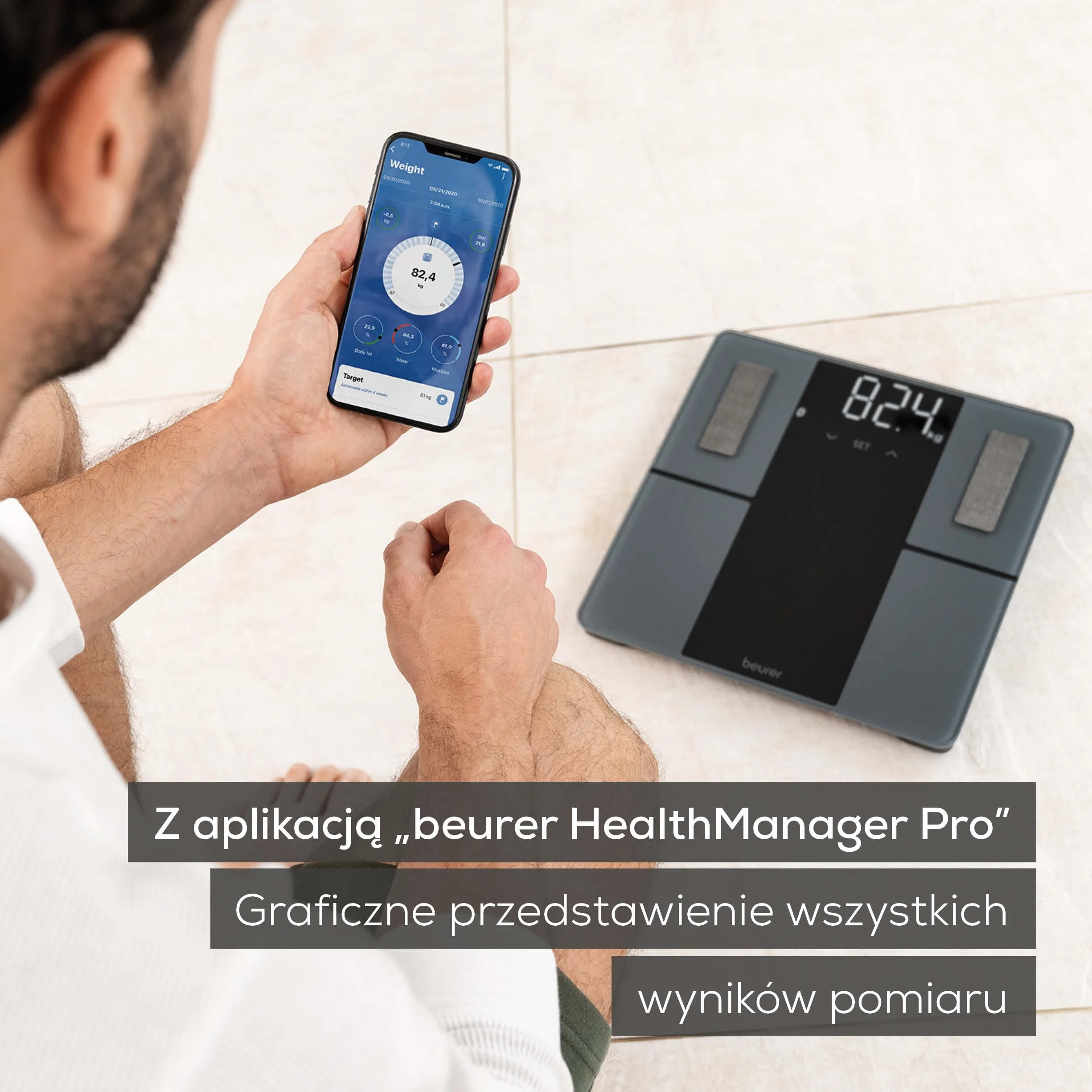 Beurer BF 500 cyfrowa waga łazienkowa Bluetooth pomiar tkanki tłuszczowej mięśni kalorii Apple Health