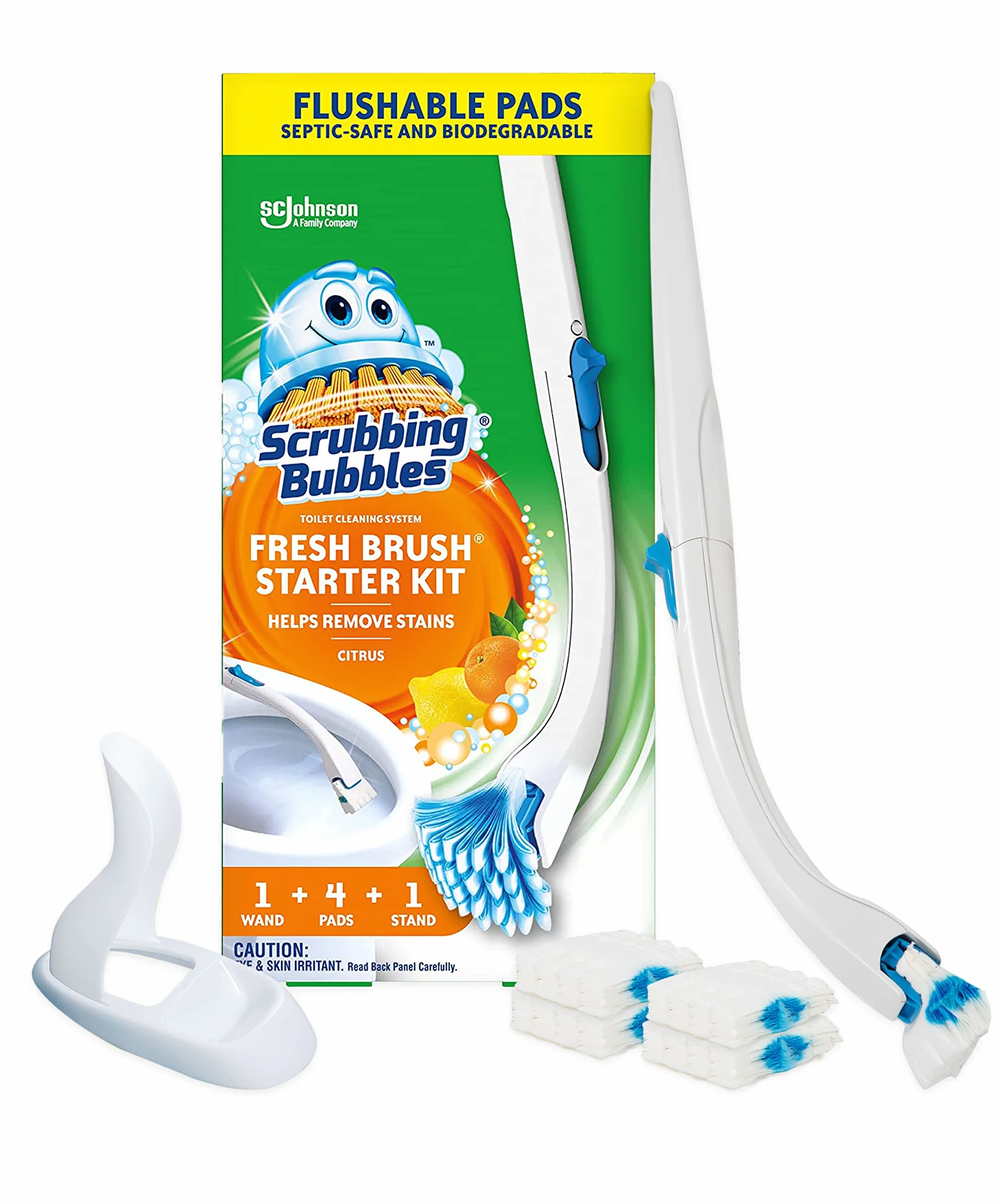 Scrubbing Bubbles Szczotka do muszli klozetowej i uchwyt z wkładkami do czyszczenia, zestaw startowy do czyszczenia różdżki toaletowej, oczyszcza kamień i zwalcza zapachy, cytrusowy zapach, 1 różdżka