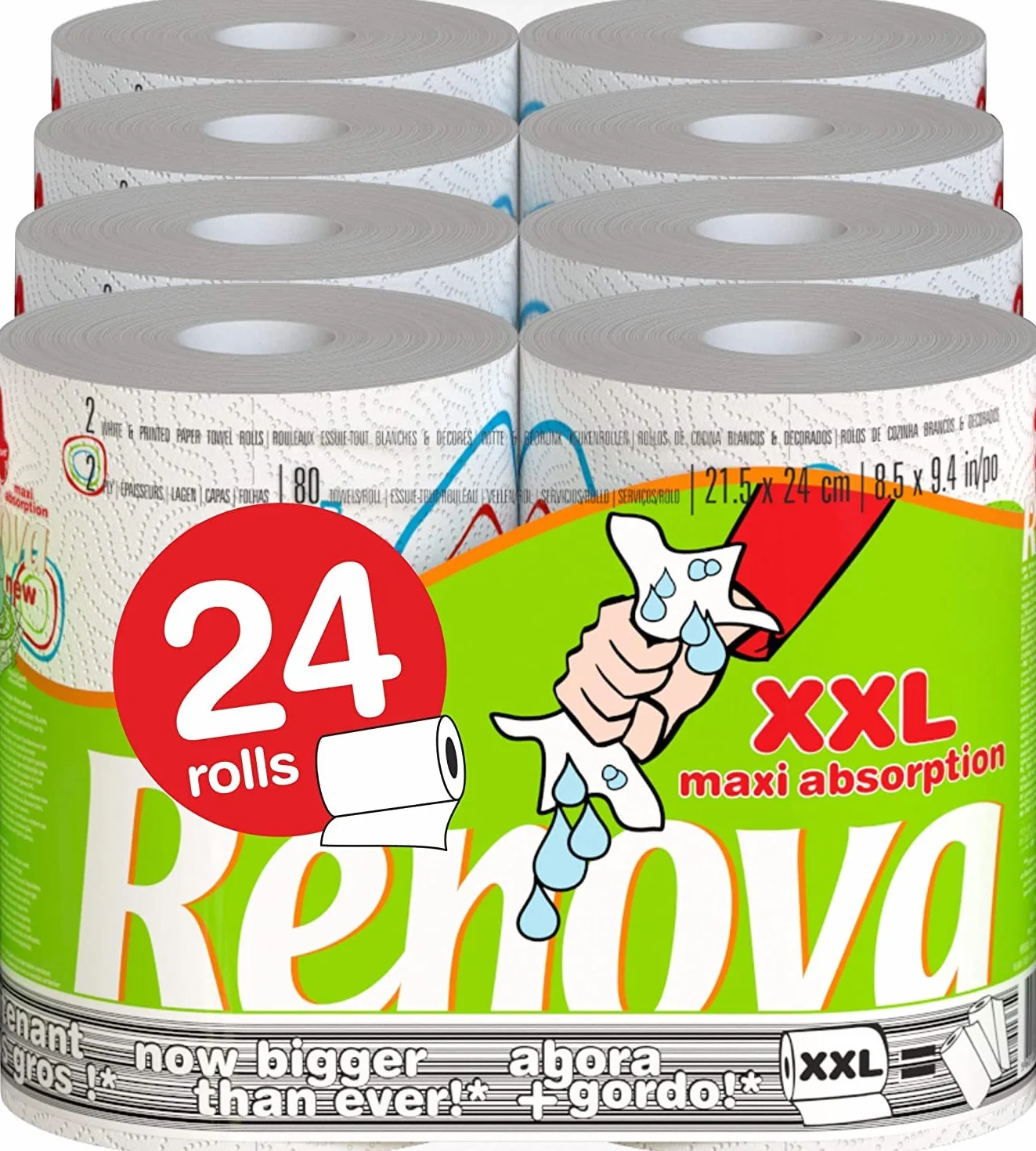 Renova Rolka kuchenna Max Absoption XXL, 24 podwójne rolki równoważne 48 rolek standardowych, zdobione rolki, absorbujące Maxi