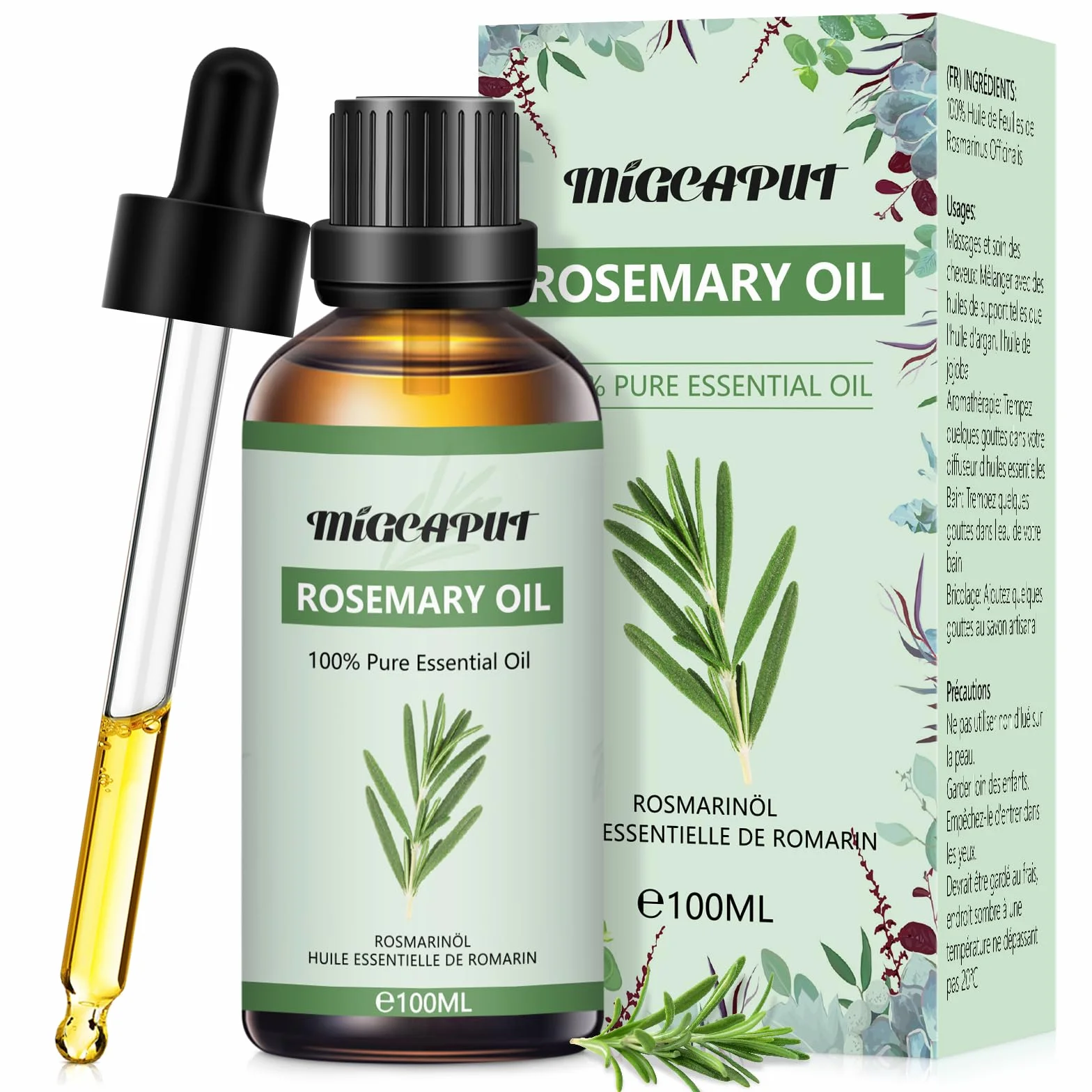 MIGCAPUT Olejek Eteryczny z Rozmarynu 100ML, 100% Naturalne Olejki Eteryczne do Aromaterapii, Olejek Rozmarynowy Klasy Terapeutycznej do Dyfuzora Nawilżacza, SPA, Masażu