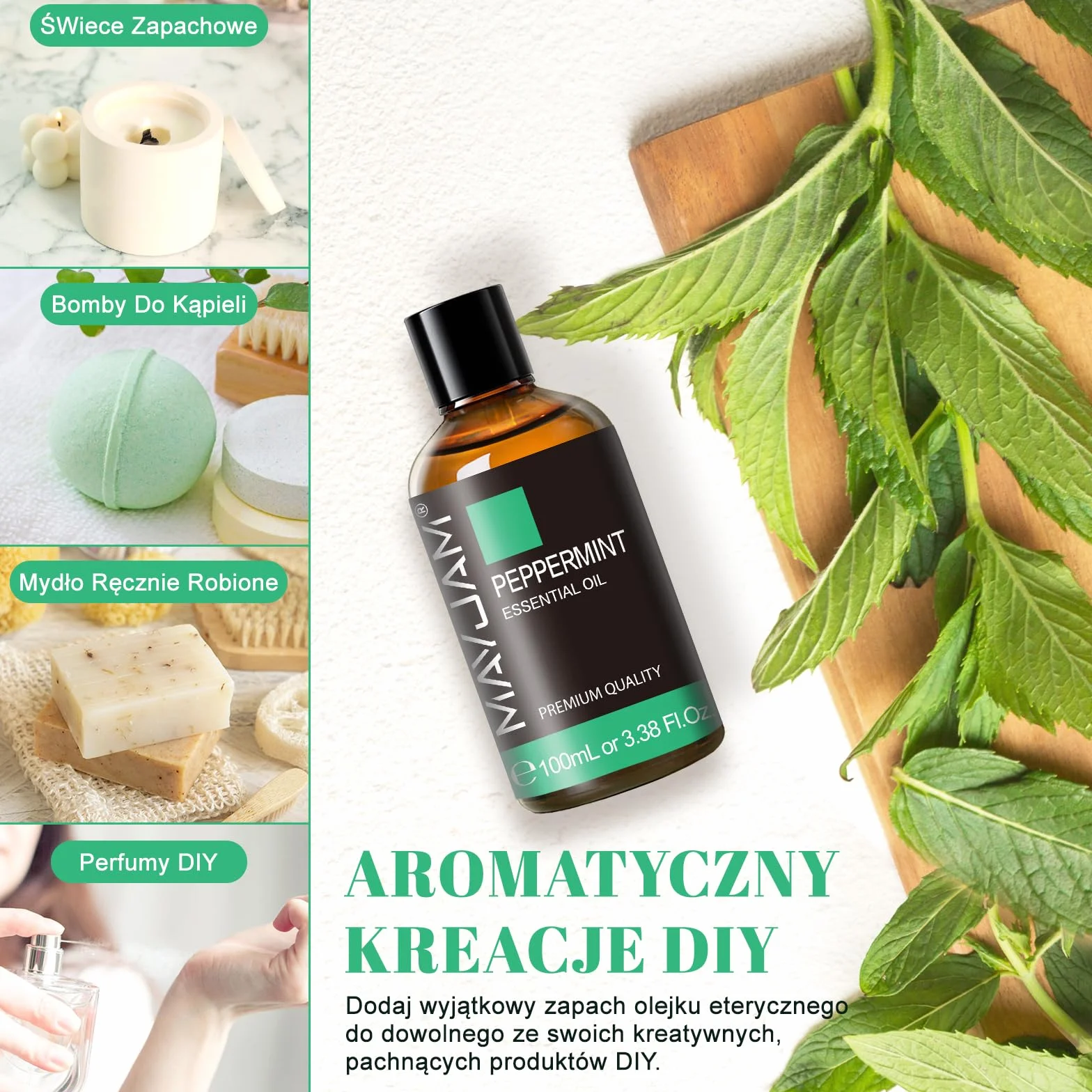 Olejek Eteryczny z Mięty Pieprzowej 100 ml, 100% Czysty i Naturalny Oraz Organiczny, Olejek Miętowy do Dyfuzora, Nawilżacza Powietrza, Aromaterapii do Pielęgnacji Skóry, Masażu, Relaksu