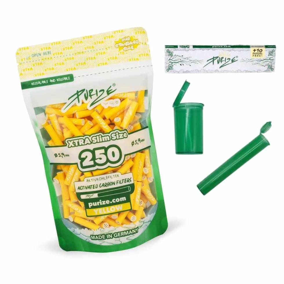 PURIZE 250 sztuk filtrów XTRA Slim Size 6 mm (5,9 mm) z węglem aktywnym z 2 ceramicznymi nakładkami, w zestawie joint tube, puszeczki Popup, papierowe i 1/5 naklejek (żółte)