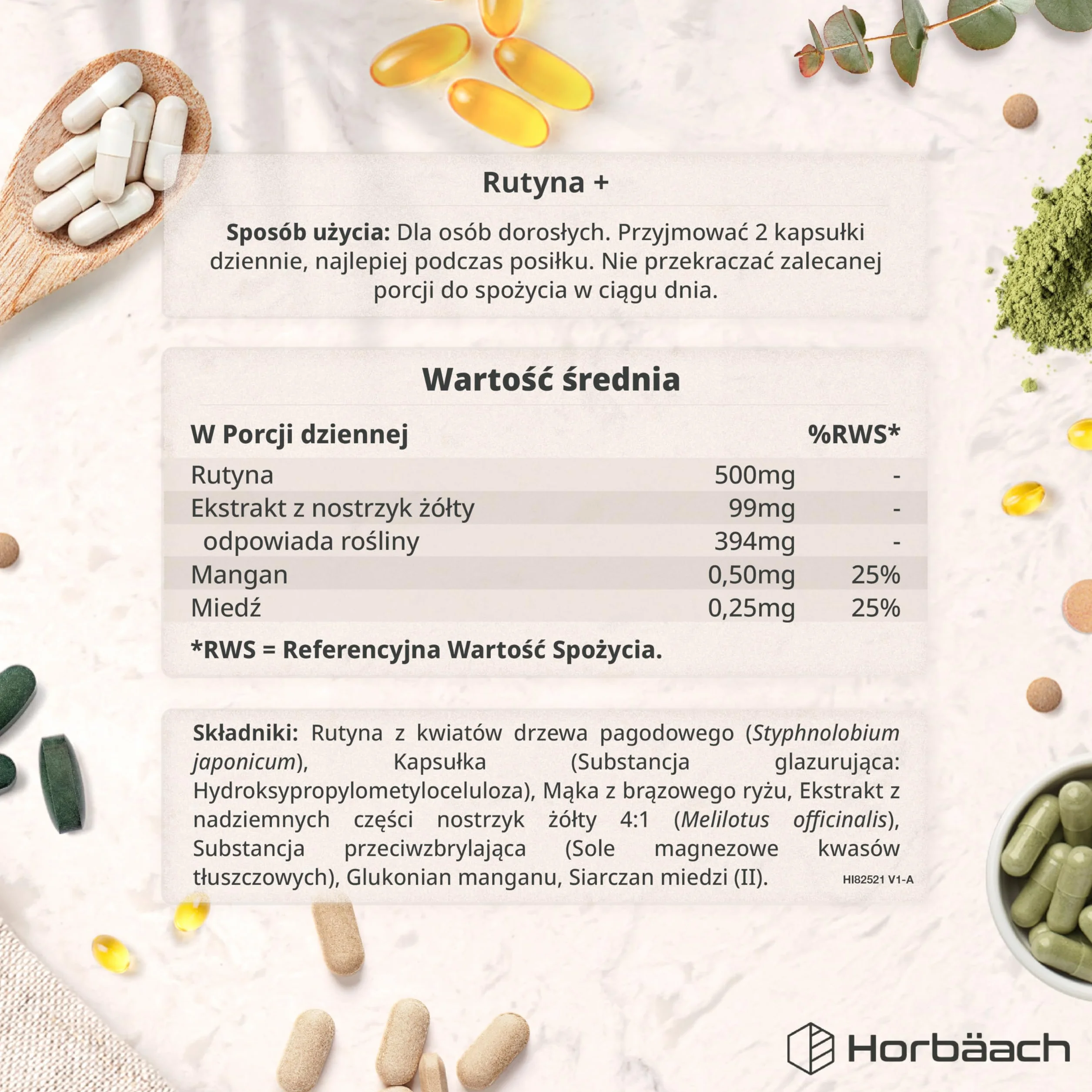 Rutyna 500mg z Nostrzykiem, Manganem i Miedzią | Rutyna Pozyskiwana z Naturalnego Kwiatu Japoniki | 120 Wegańskich Kapsułek | marki Horbaach