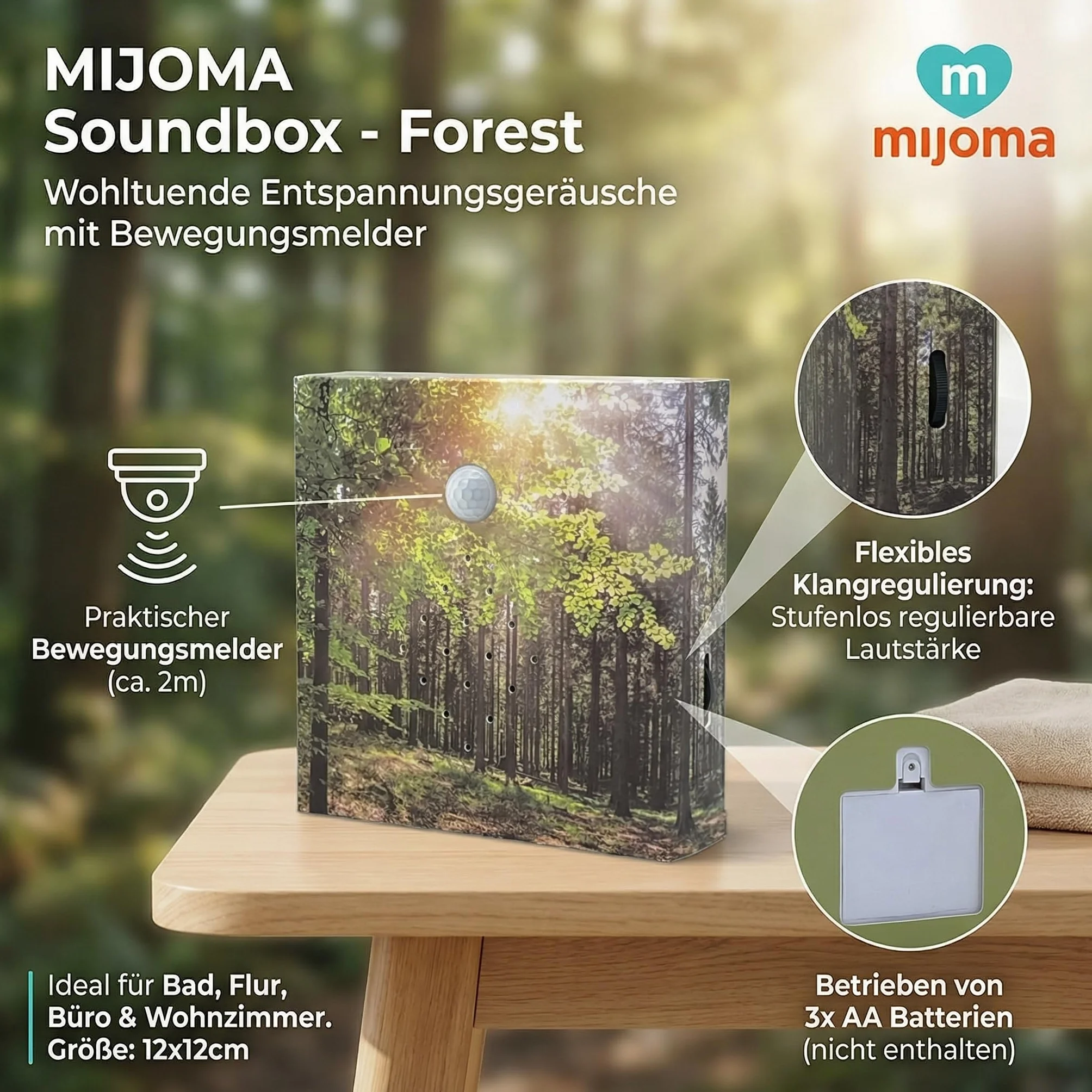 MIJOMA Soundbox z śpiewem ptaków i leśną scenerią – kojący relaks w Twoim domu | głośnik, czujnik ruchu i przełącznik wł./wył. | idealny do łazienki, korytarza, biura i salonu | 12 x 12 cm (las)