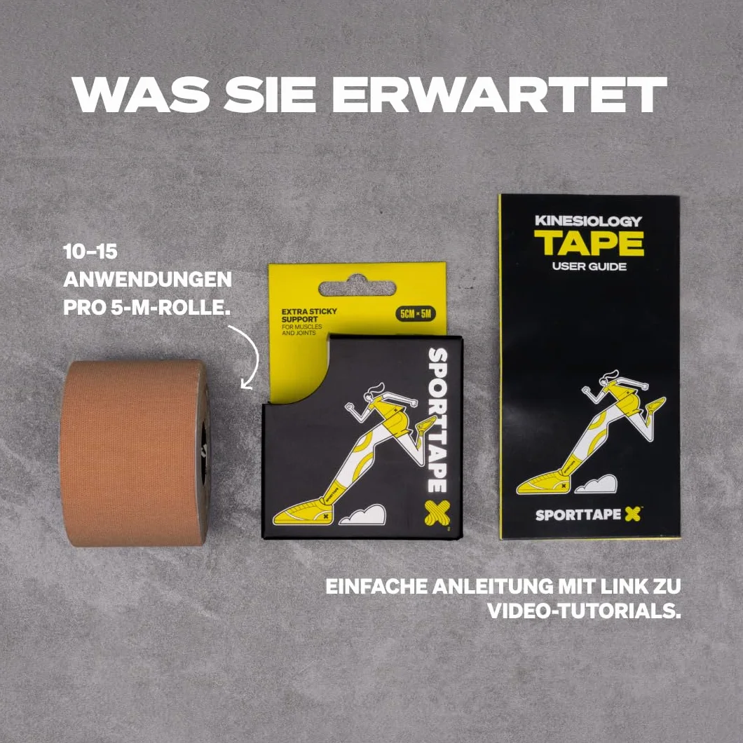 SPORTTAPE Taśma kinezjologiczna, beżowa, 5 cm x 5 m, taśma kinezjologiczna i taśma sportowa w przypadku urazów i bólów, elastyczna, hipoalergiczna taśma fizjologiczna, wodoodporna taśma kinesioTape