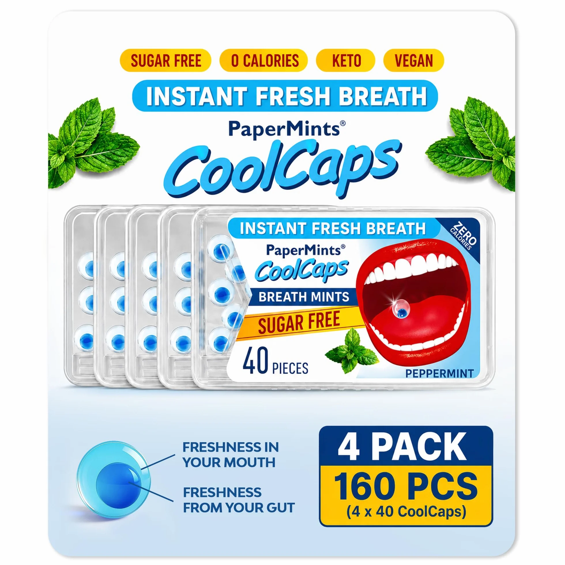 Papermints CoolCaps Natychmiastowa świeża mięta pieprzowa pudełko na oddech, opakowanie 40 x 4 szt., odświeżacz powietrza i zabieg na nieświeży oddech dla dorosłych, leczenie cuchnący oddech,