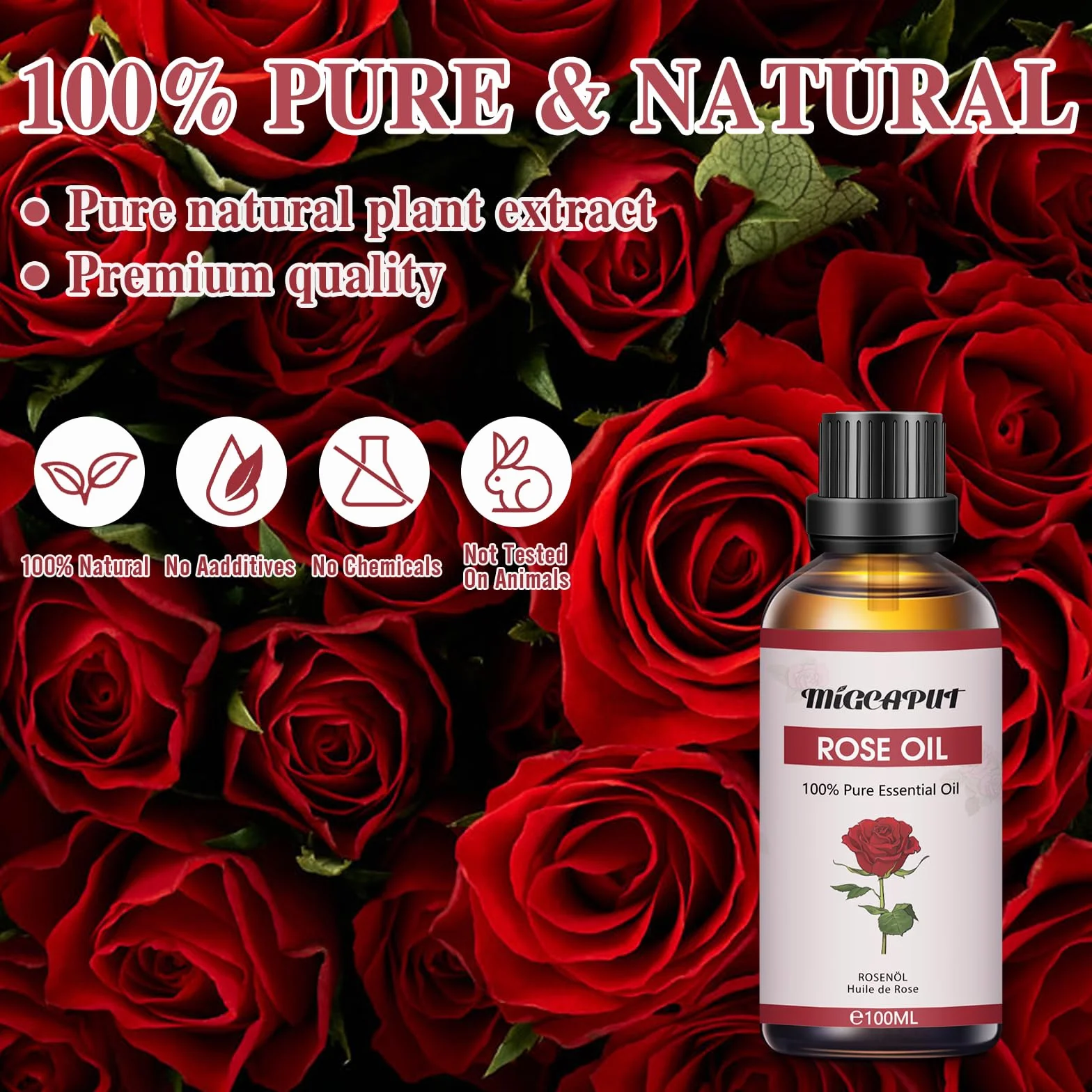 MIGCAPUT Olejek Eteryczny z Róży 100ML, 100% Naturalny Olejek Aromaterapeutyczny, Olejek Różany Klasy Terapeutycznej do Dyfuzora Nawilżacza, SPA, Masażu