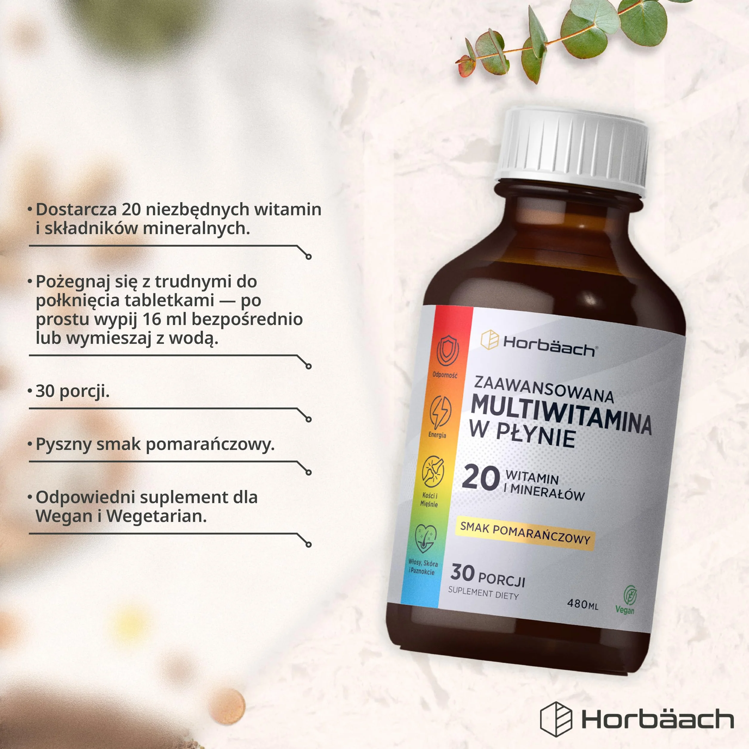 Multiwitamina W Płynie Dla Dorosłych | 480 ml (30 porcji) | Smak Pomarańczowy | 20 Niezbędnych Składników Odżywczych Dla Ogólnego Dobrego Samopoczucia | Wegański Suplement Diety | marki Horbaach