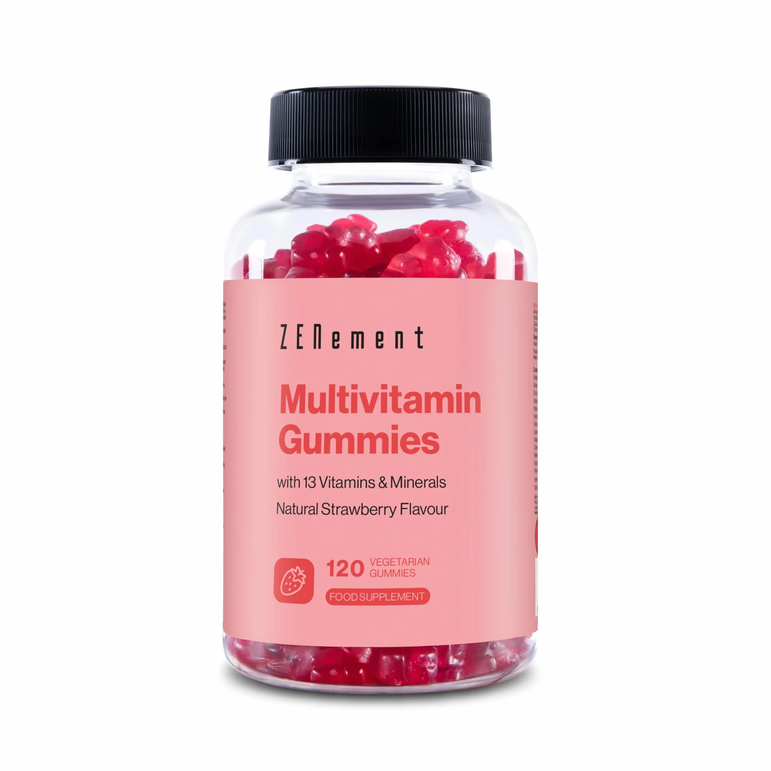 Żelki Multiwitaminowe, z 13 witaminami i minerałami, 120 Gummies Wegetariańskie | Naturalny Aromat Truskawkowy | z 13 witaminami i minerałami | Bez żelatyny, wegetariański, Bez Glutenu | Zenement