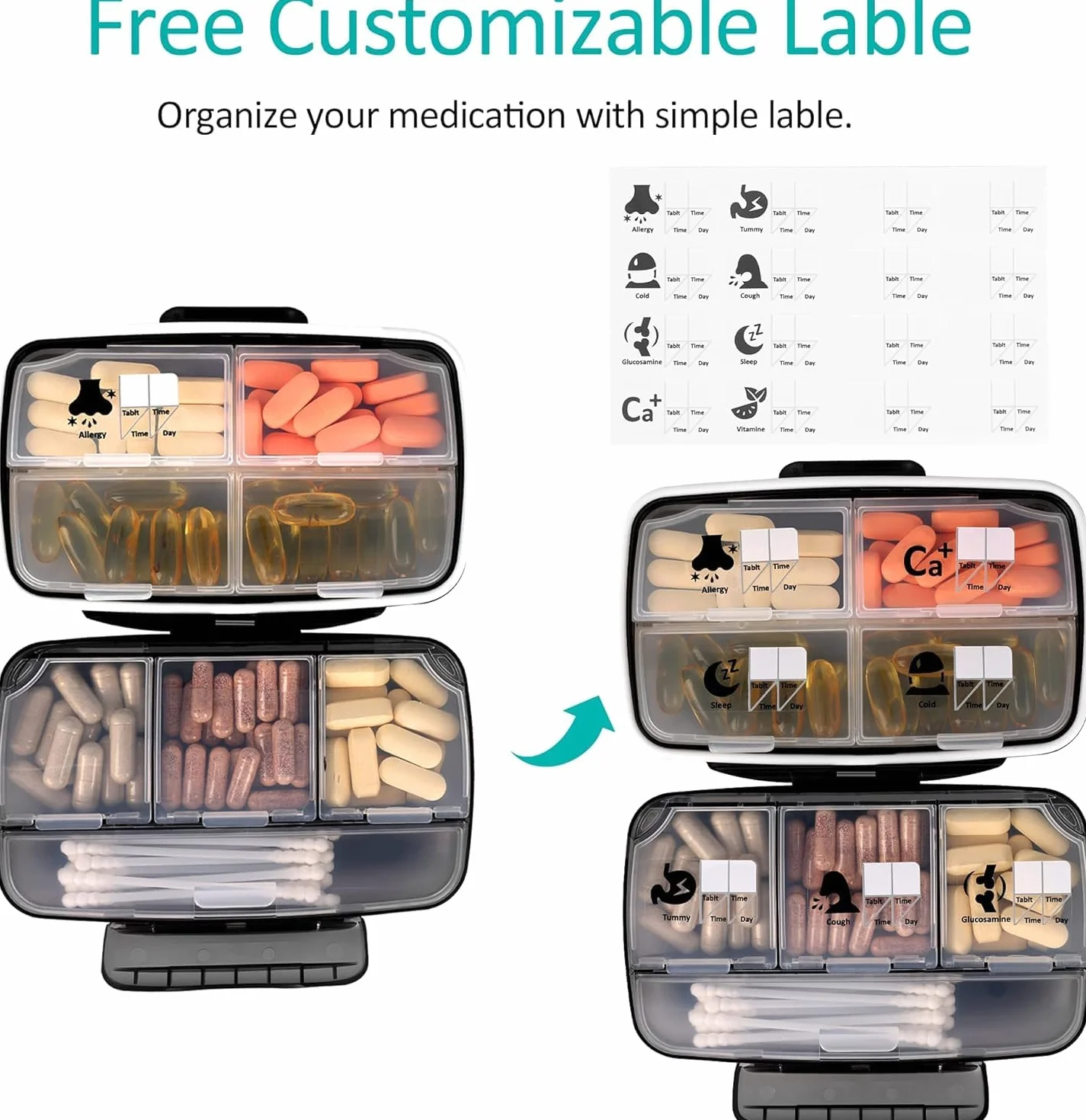 Fullicon Podróżny organizer na tabletki, duży, przenośny, wielki rozmiar, 8 przegródek, etui na tabletki/pojemniki na tabletki, etui na witaminy/leki - hermetyczne i odporne na wilgoć (czarny)