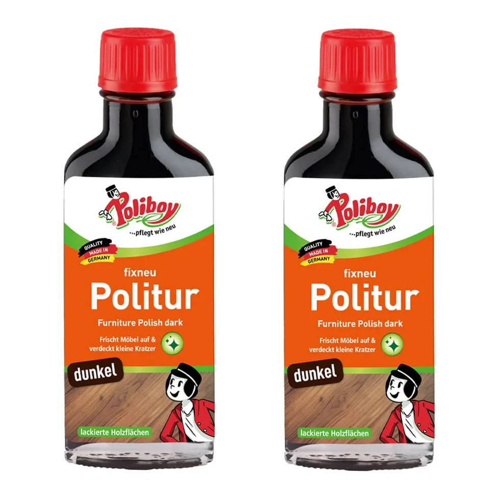 POLIBOY Fixneu politura ciemna – politura do mebli do ciemnego lakierowanego drewna – odświeżająca kolory politura do drewna – 2 x 100 ml – Made in Germany