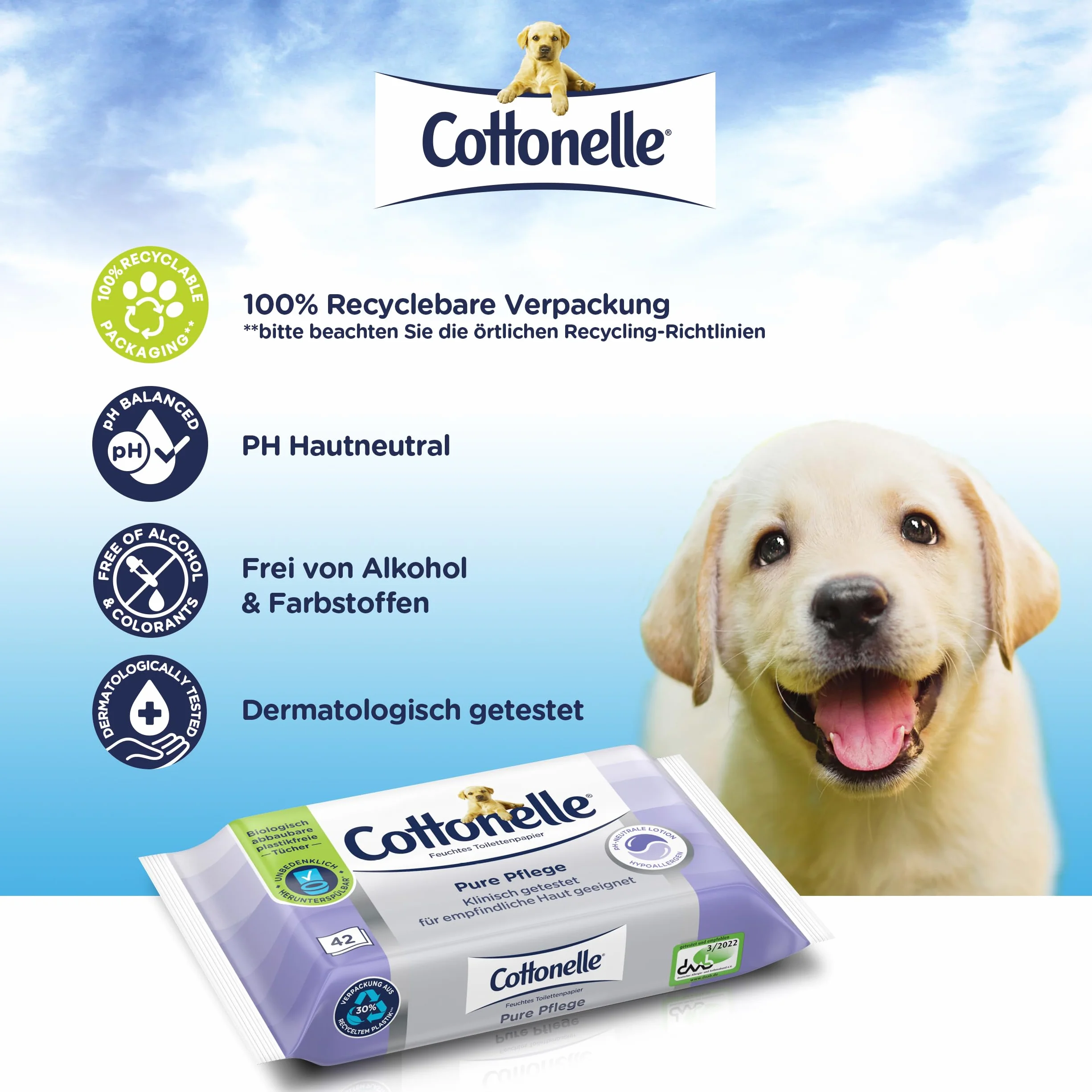 Cottonelle Mokry papier toaletowy Pure Pielęgnacja, ultra czuły, 99% wody, 12 x 42 chusteczki, bezzapachowy i hipoalergiczny