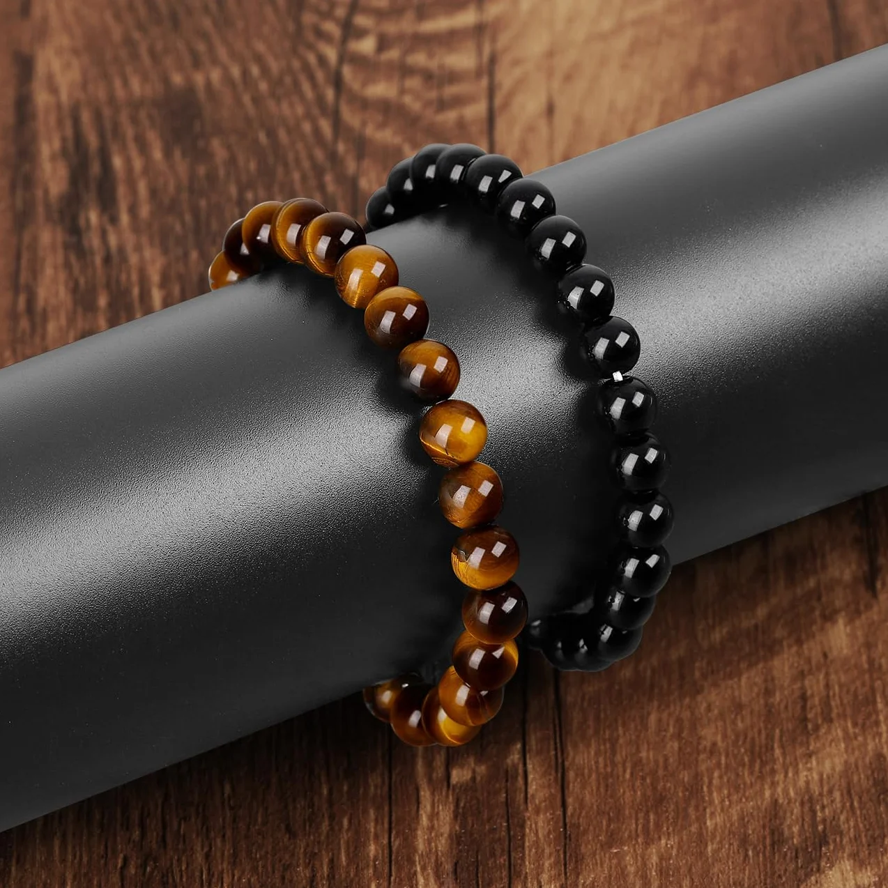 Emibele Crystal Bracelet, Obsidian Tigers Eye 8mm Round Bead Healing Jewelry for Positive Energy Anxiety, Gifts for Women Men Black Yellow