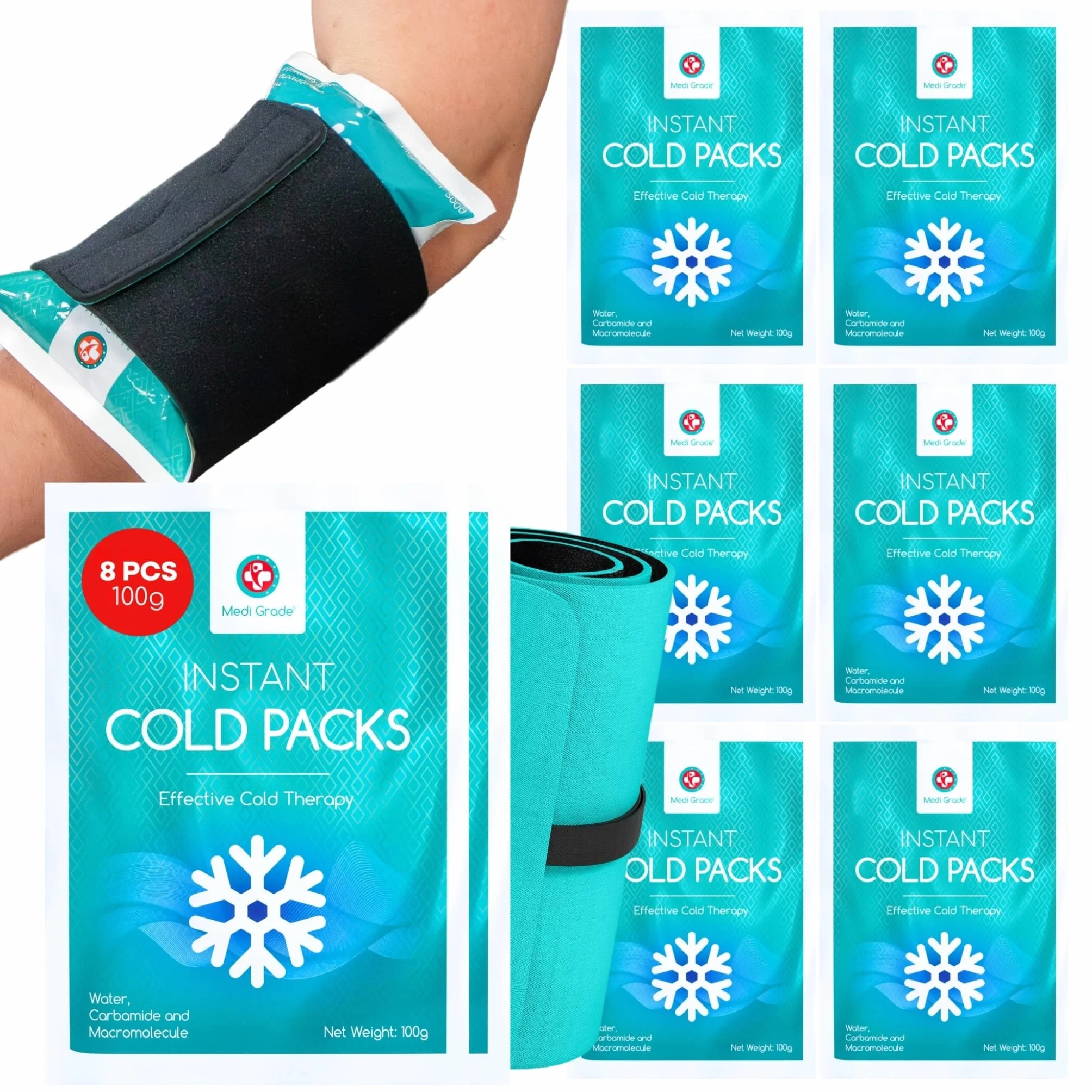 Medi Grade Instant Cold Pack 8 Sztuk 100g 11,43 cm x 15,24 cm Kompres Chłodzący Z Paskiem Stabilizującym