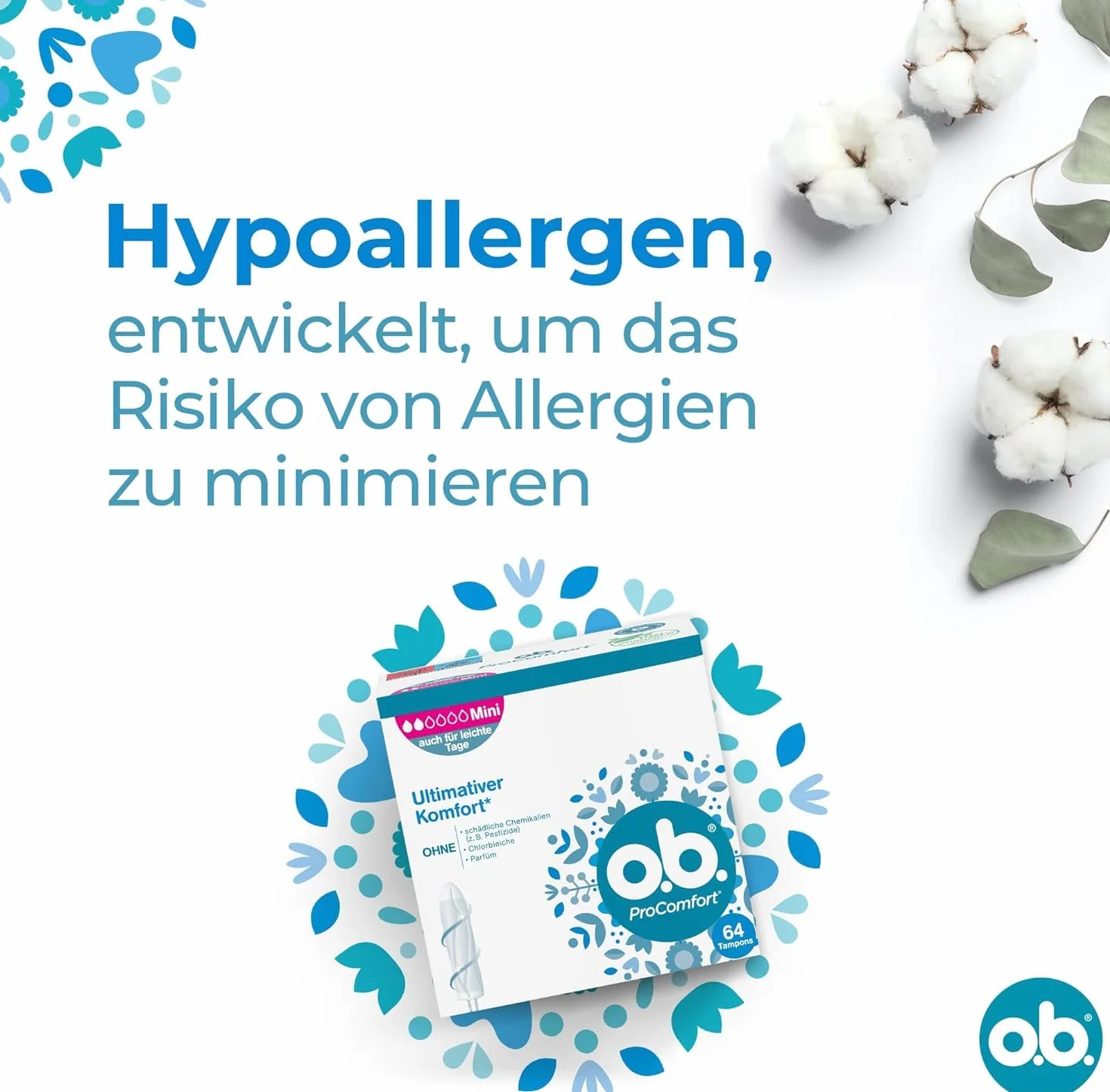 o.b. ProComfort Mini tampony na lekkie i średnie dni z technologią Dynamic Fit i powierzchnią SilkTouch, zapewniają najwyższy komfort* i niezawodną ochronę (1 x 64 sztuki)
