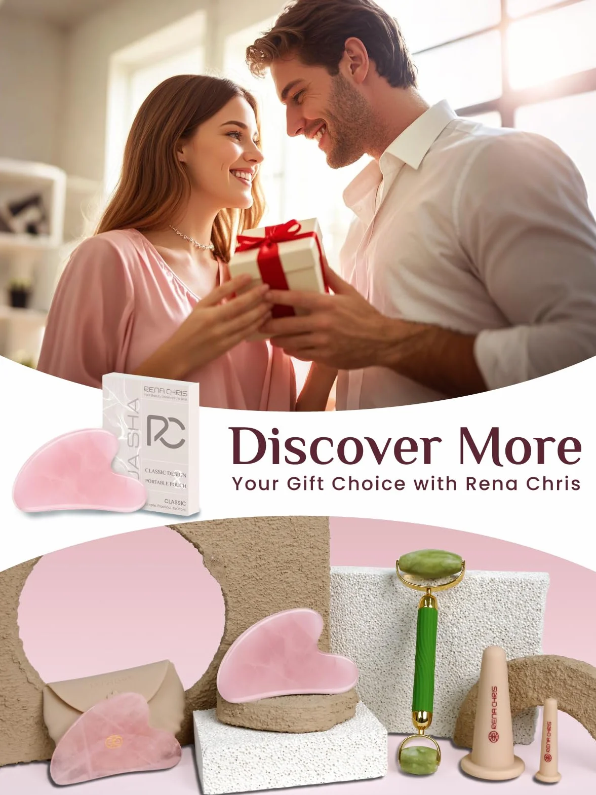 Rena Chris 100% Naturalny Różowy Kwarc Gua Sha Stone, Narzędzie do Twarzy GuaSha do Modelowania Linii Szczęki i Redukcji Obrzęków, Gua Sha Massage Tool do Codziennej Pielęgnacji Skóry (Różowy)