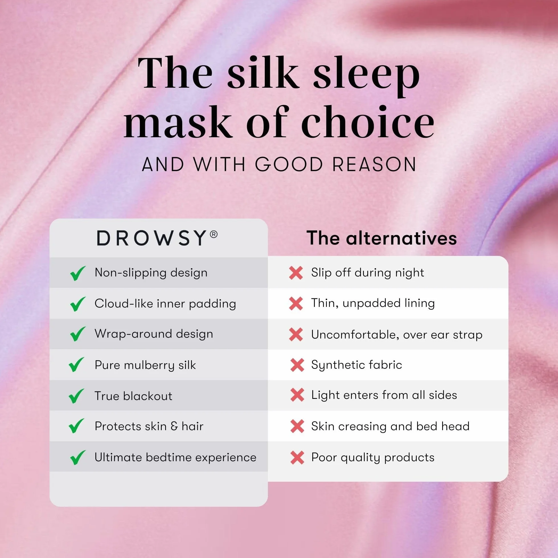 DROWSY Jedwabna maska do spania, przytulająca twarz, wyściełany jedwabny kokon zapewnia luksusowy sen w całkowitej ciemności (adamaszkowa róża)