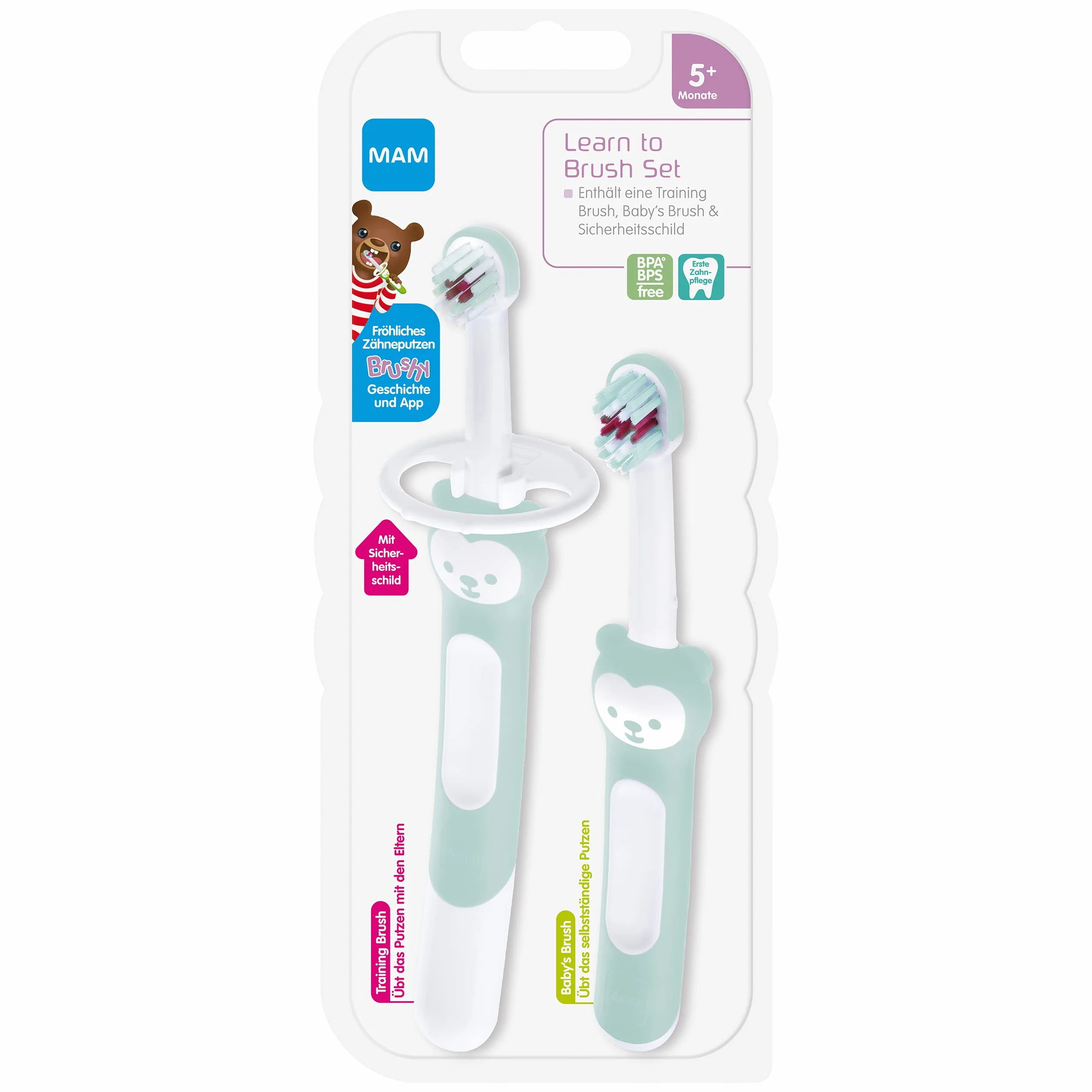 MAM Learn to Brush Set, szczoteczka do zębów dla niemowląt z długim uchwytem do wspólnego trzymania, szczoteczka do zębów dla dzieci trenuje mycie zębów, od 5+ miesięcy, turkusowa, 1 sztuka (1