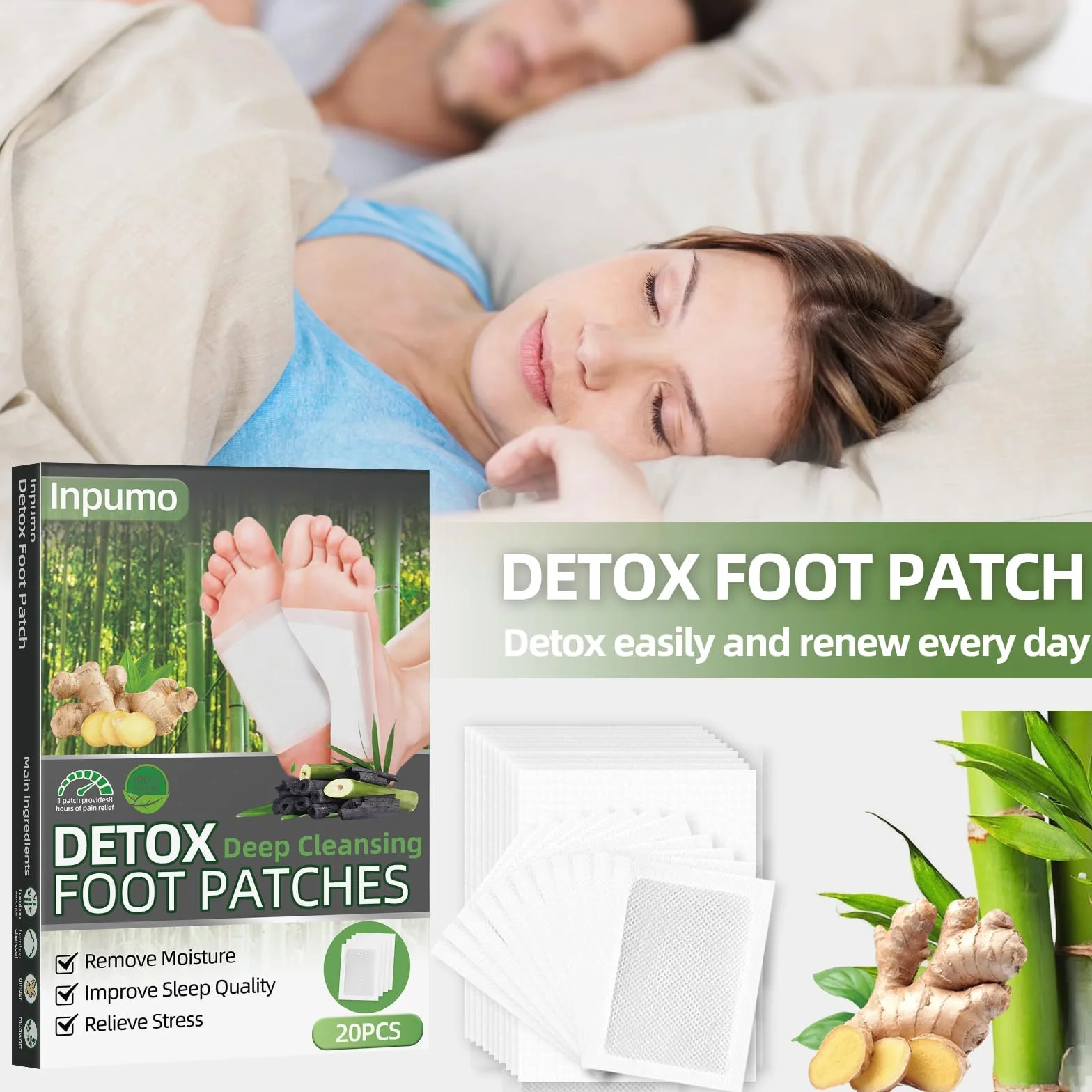 Plastry na stopy Detox, 20 szt. naturalnych składników, plastry na stopy do usuwania toksyn, głębokiego oczyszczania, łagodzenia stresu ciała, poprawy jakości snu, poprawy krążenia krwi