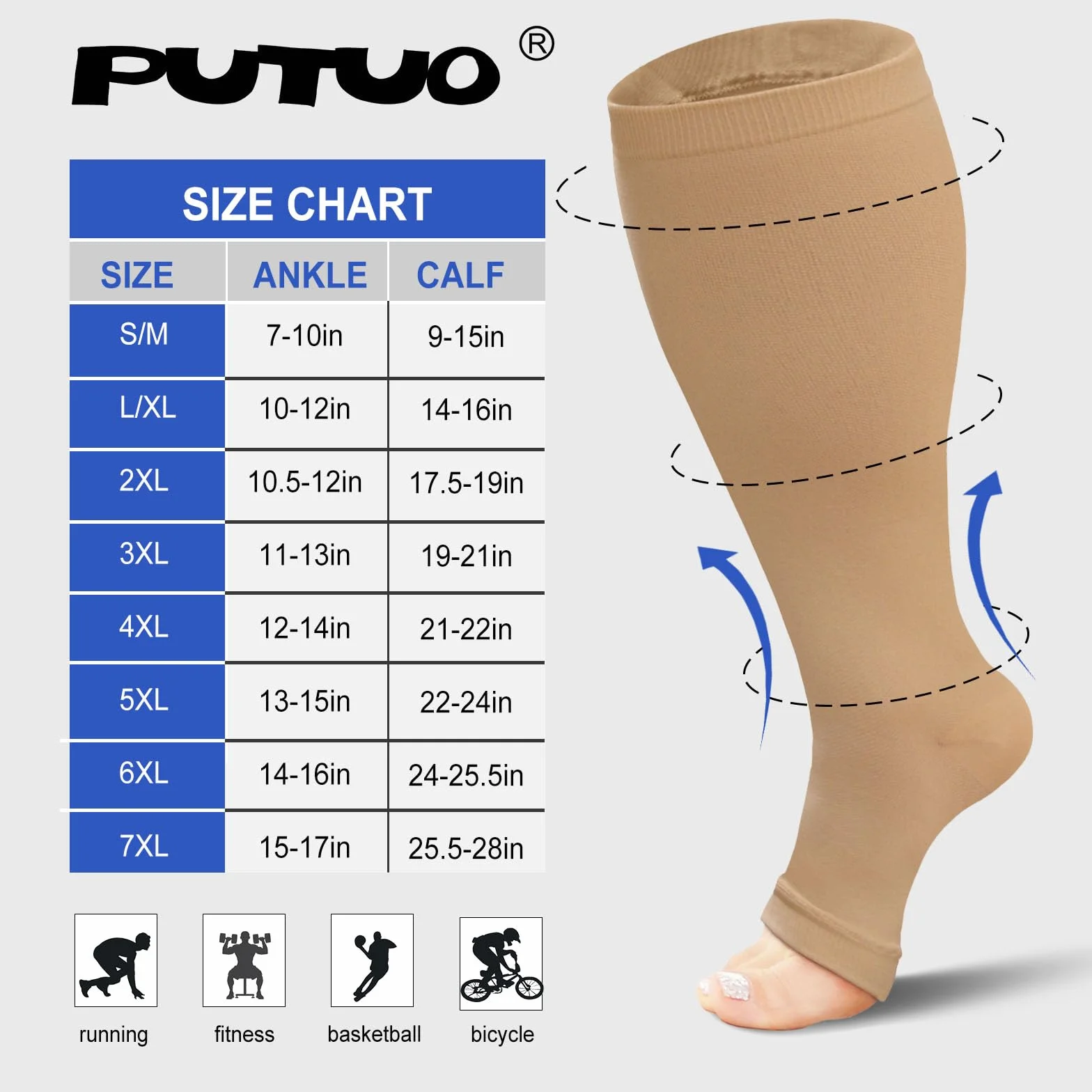 PUTUO Skarpety kompresyjne plus size: szerokie łydki stopniowane pończochy uciskowe dla mężczyzn kobiet otwarte palce duże skarpety kompresyjne dla wsparcia podróży samolotem ciąża 20-30 mmHg 1 para