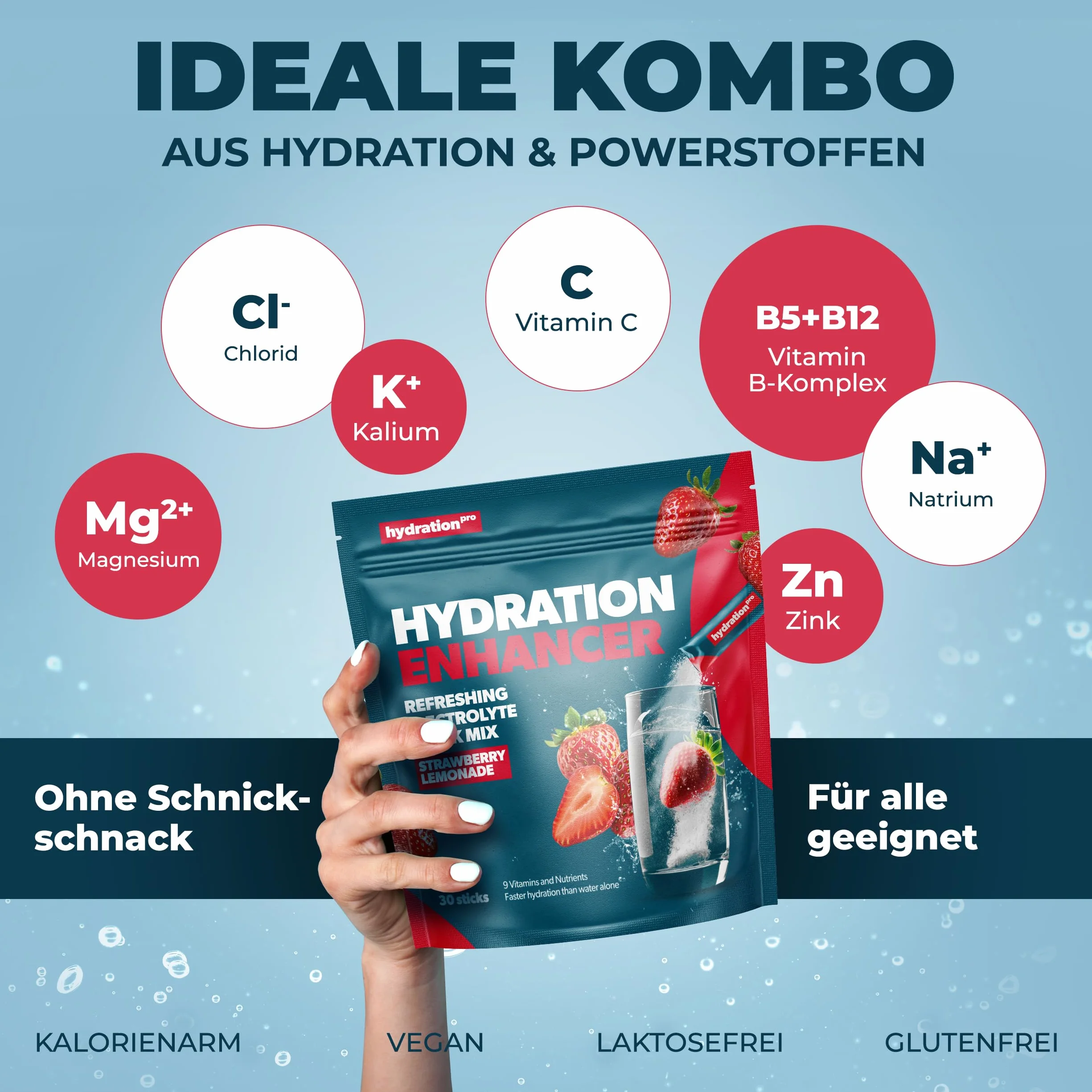 Proszek elektrolitowy 30 saszetek z witaminami, Elektrolity wegański, smak truskawkowy HydrationPro®