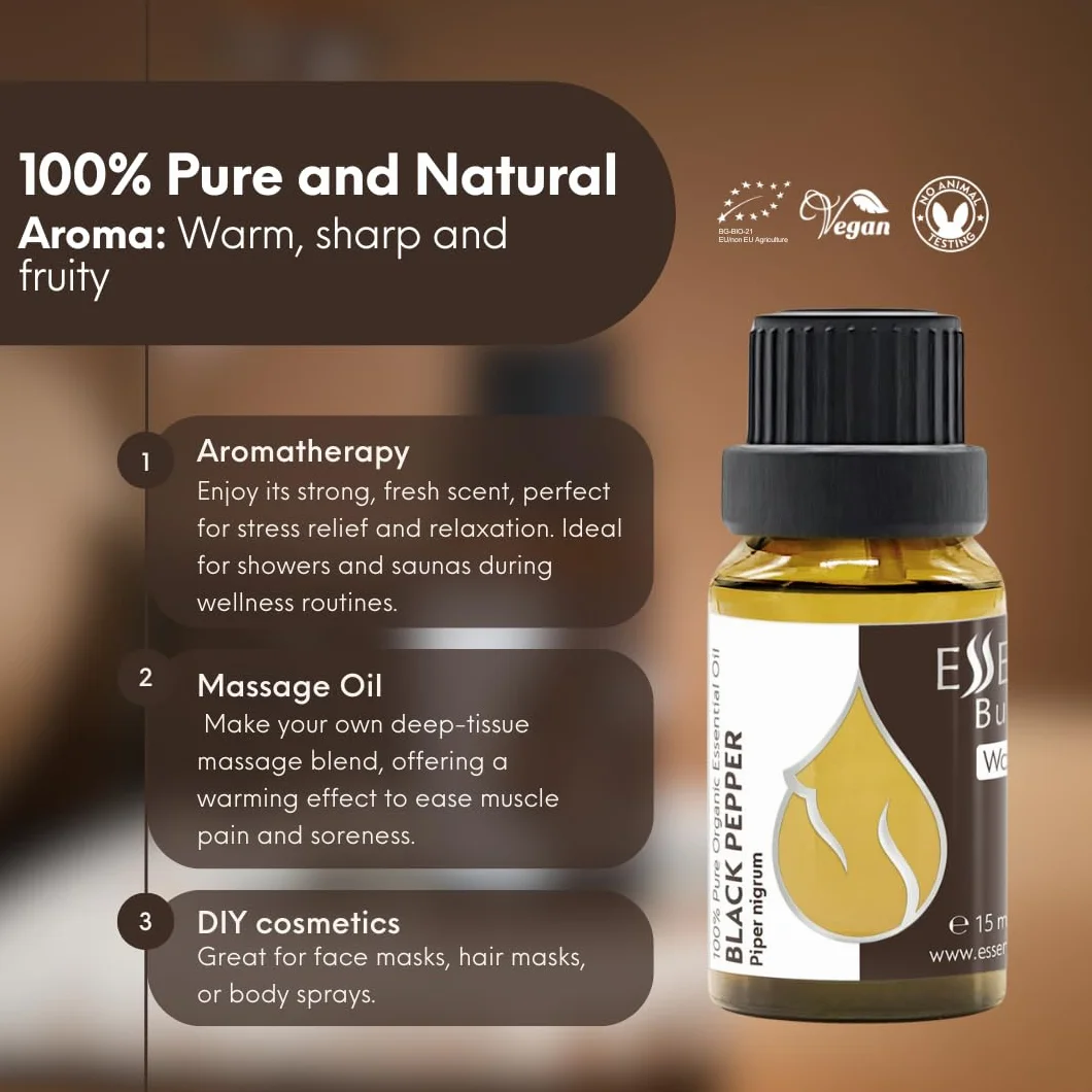 Essences Bułgaria Organiczny Olejek Eteryczny z Czarnego Pieprzu 15 ml | Piper nigrum | 100% Czysty i Naturalny | Nierozcieńczony | Klasa Terapeutyczna| Aromaterapia | Kosmetyki | Bez okrucieństwa