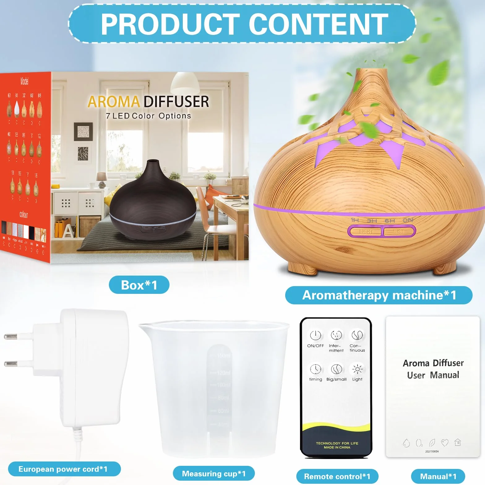 Dyfuzor zapachowy 550 ml, nawilżacz powietrza do sypialni, dyfuzor aromaterapeutyczny z pilotem, 4 ustawienia timera, 7 kolorów LED, funkcja automatycznego wyłączania, do dużych pomieszczeń