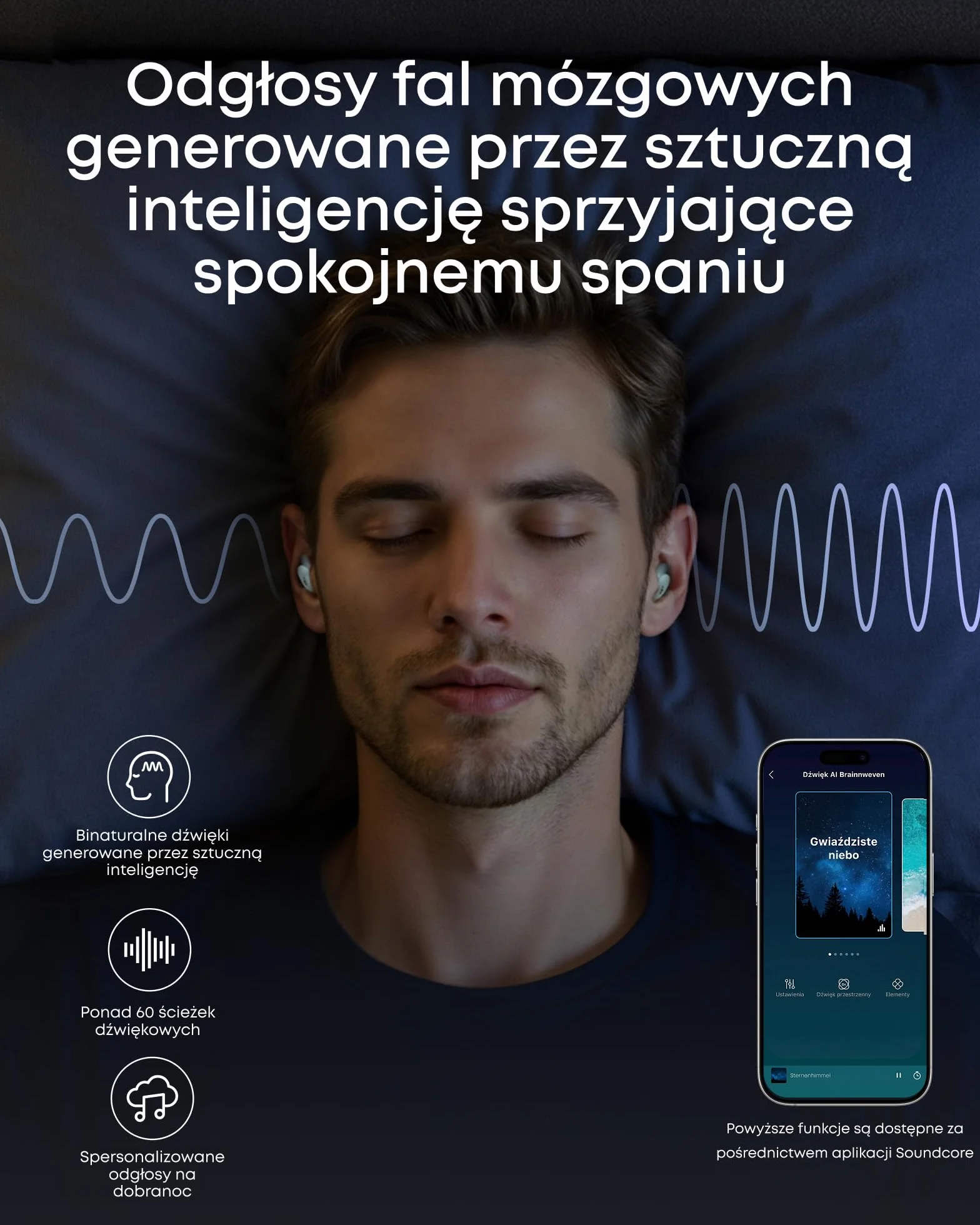 Słuchawki do spania soundcore Sleep A30 Anker, pasywna i aktywna redukcja hałasu, maskowanie chrapania, 10h odtwarzania
