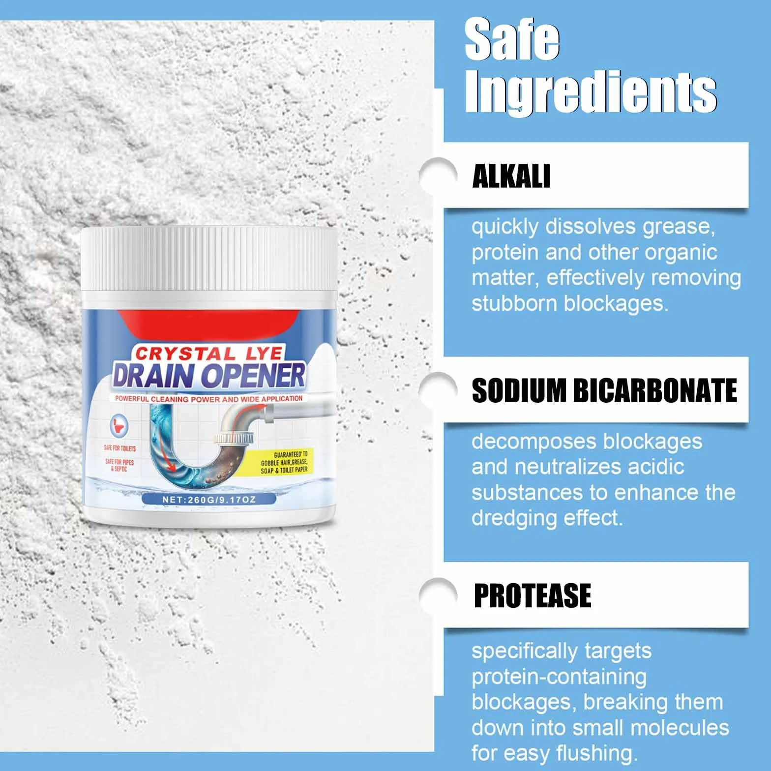 Crystal Lye Drain Opener,Multifunction Powerful Pipe Dredging Agent,260g Crystal Lye Drain Opener Powder,for Unclog Drains,Bathroom Sinks, Kitchen Sinks,Shower Pipes (1)